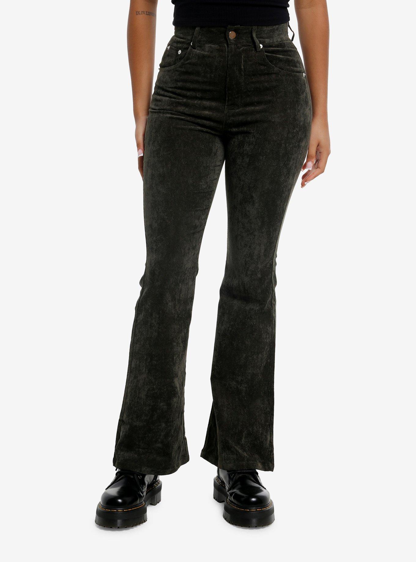 Olive Green Textured Flare Pants, , hi-res