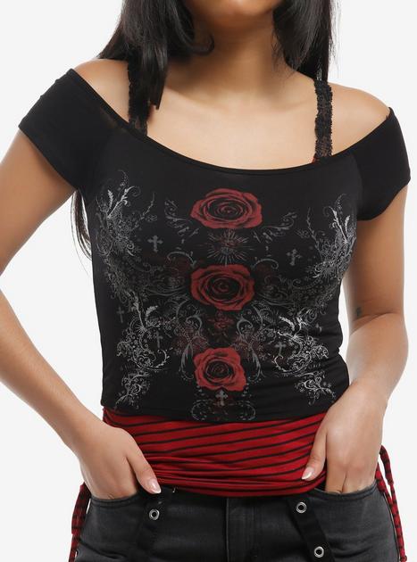 Black & Red Rose Stripe Girls Twofer Top | Hot Topic