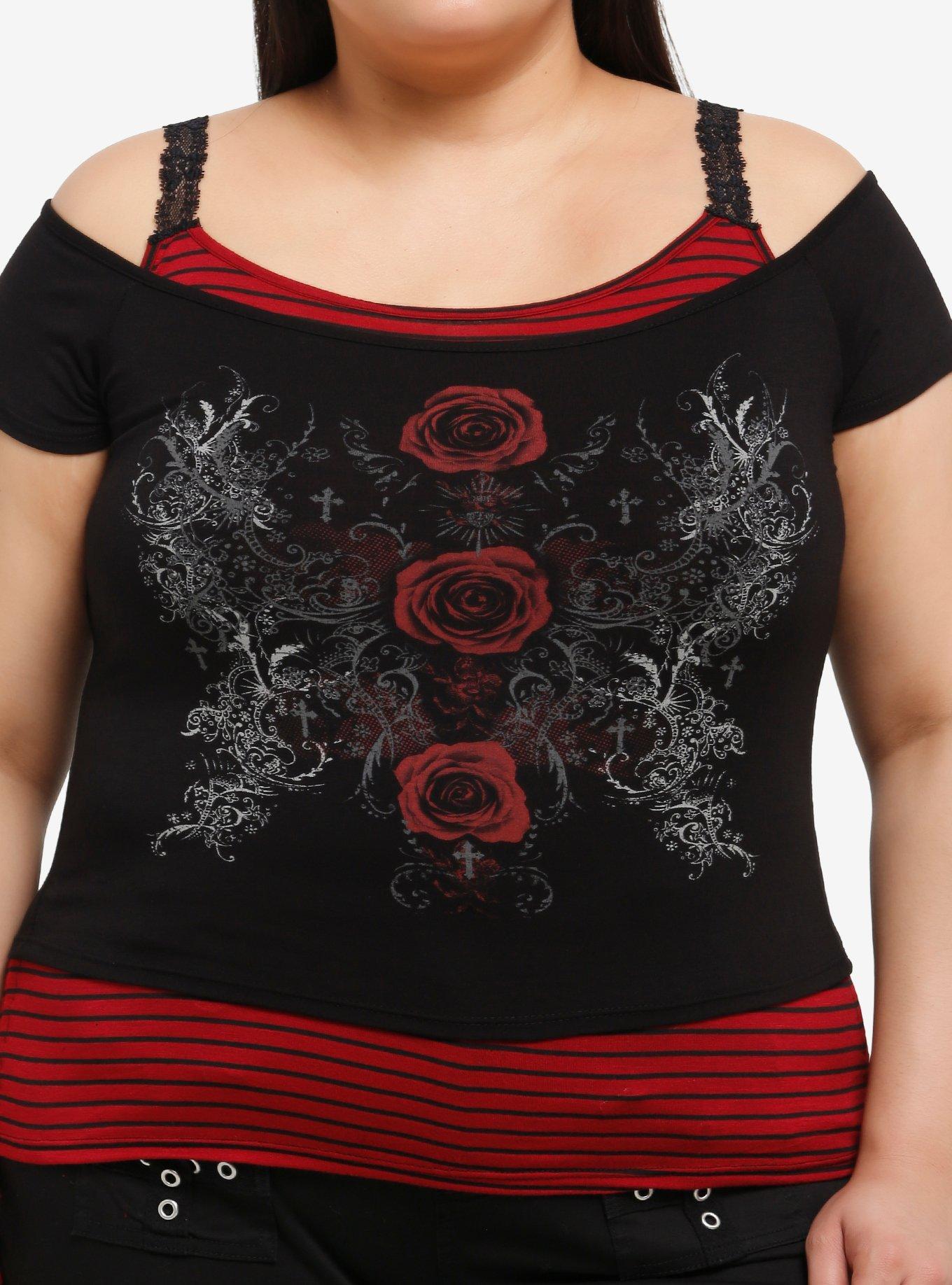 Black & Red Rose Stripe Girls Twofer Top Plus Size, , hi-res