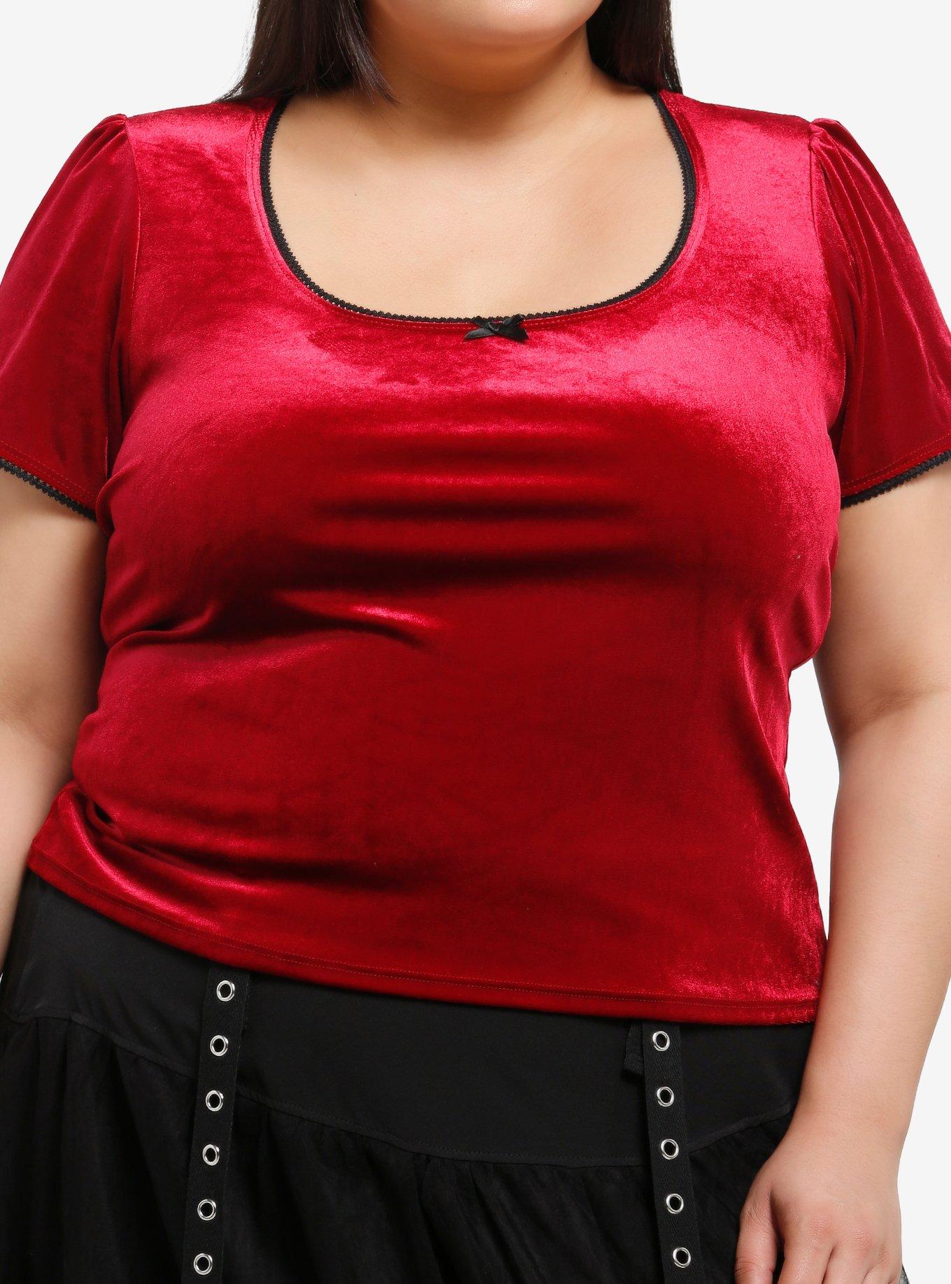 Burgundy Velvet Puff-Sleeve Top Plus Size, , hi-res