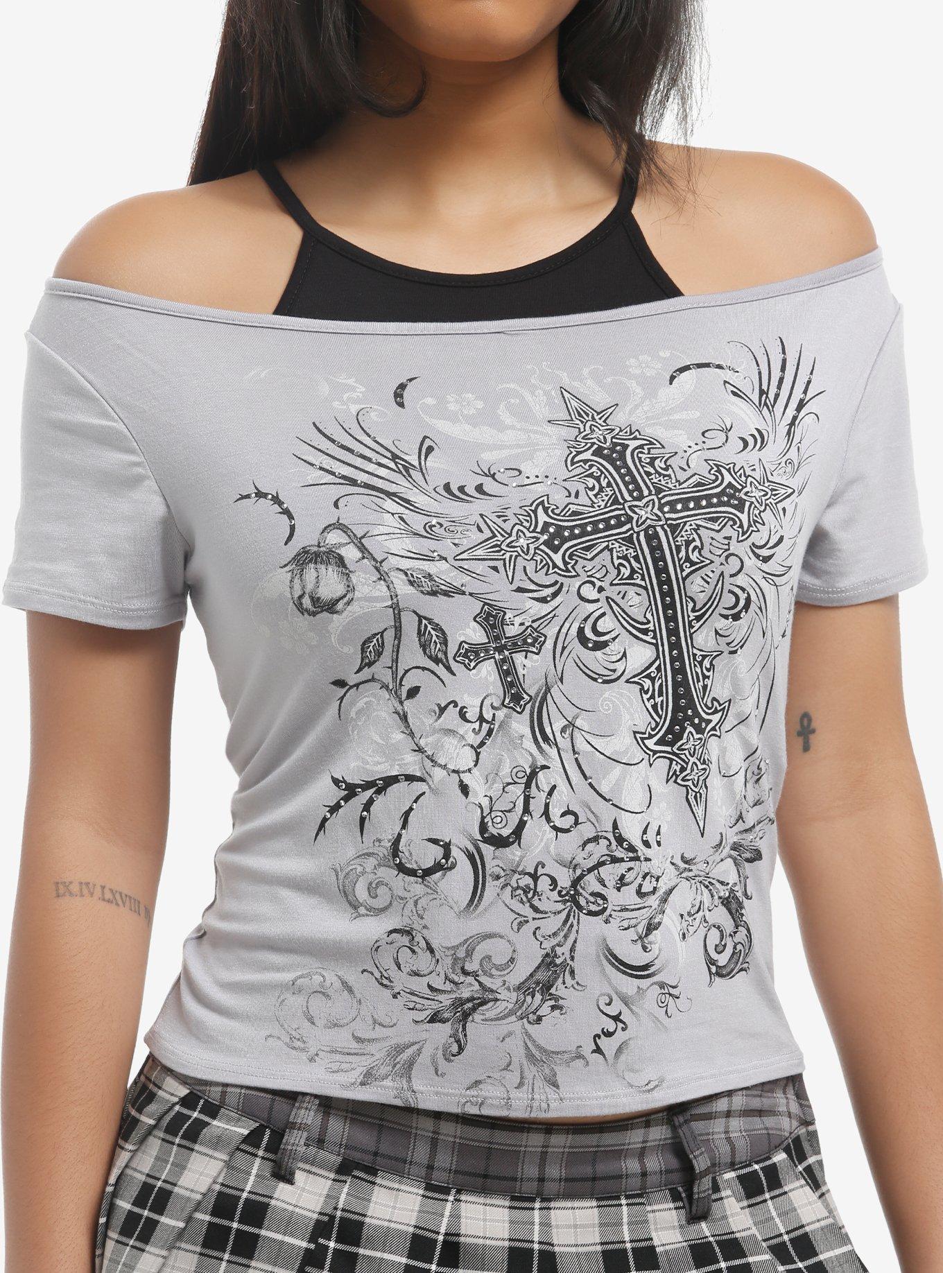 Grey & Black Cross Filigree Girls Twofer Top, , hi-res