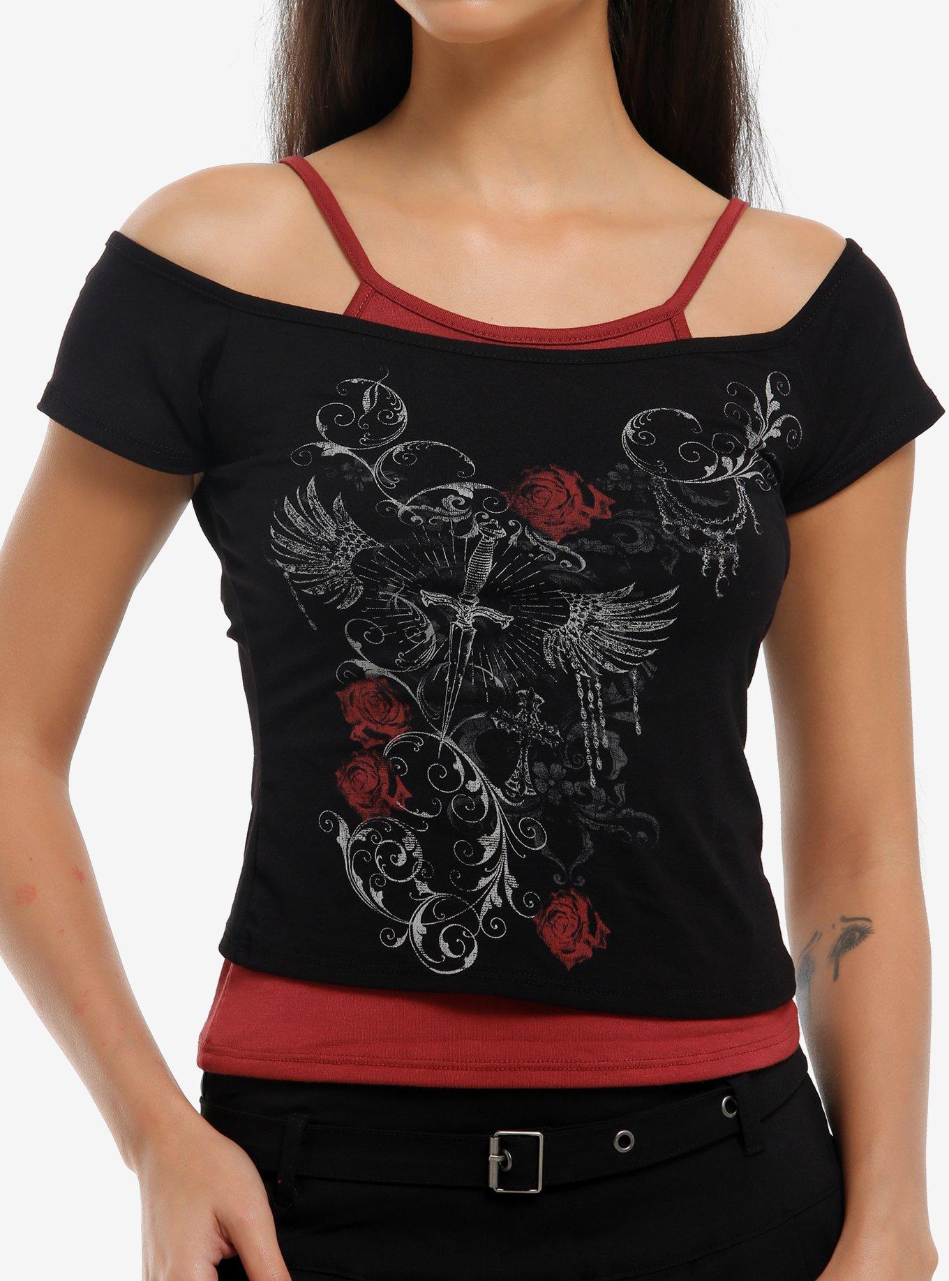 Filigree Sword Cold Shoulder Girls Twofer Top, , hi-res