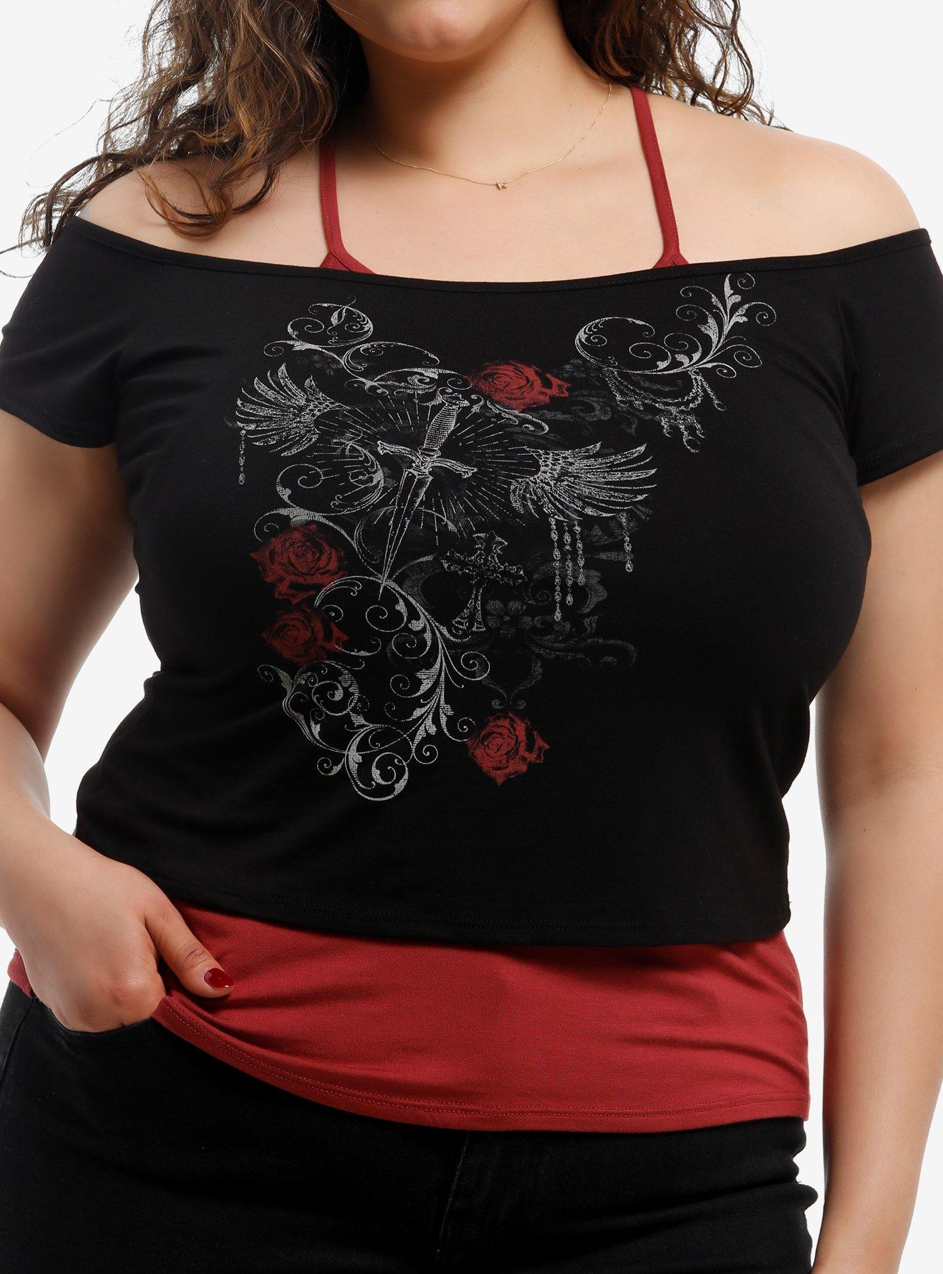 Filigree Sword Cold Shoulder Girls Twofer Top Plus Size, , hi-res