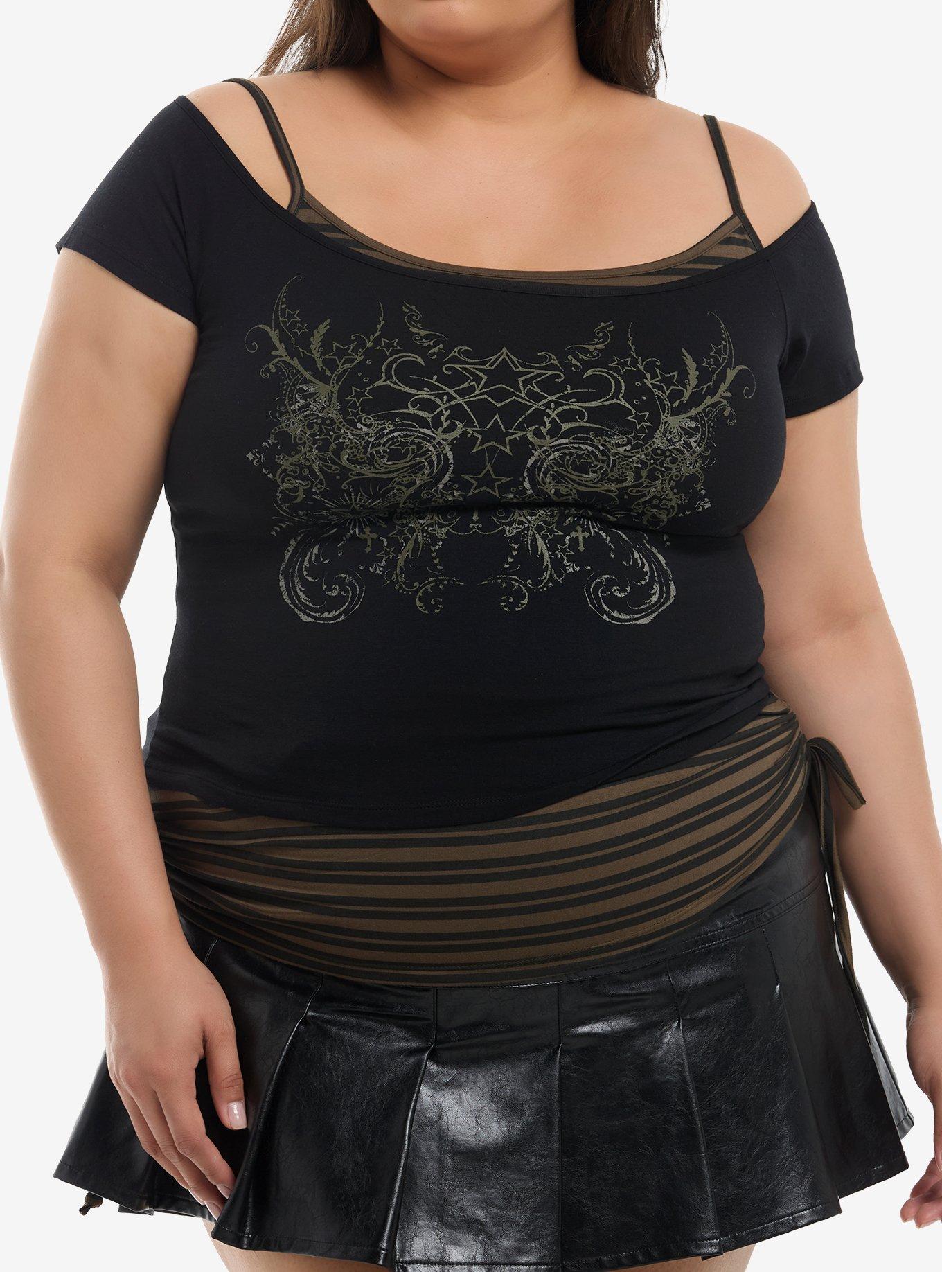 Cosmic Aura Green & Black Stars & Stripes Girls Twofer Top Plus Size, , hi-res