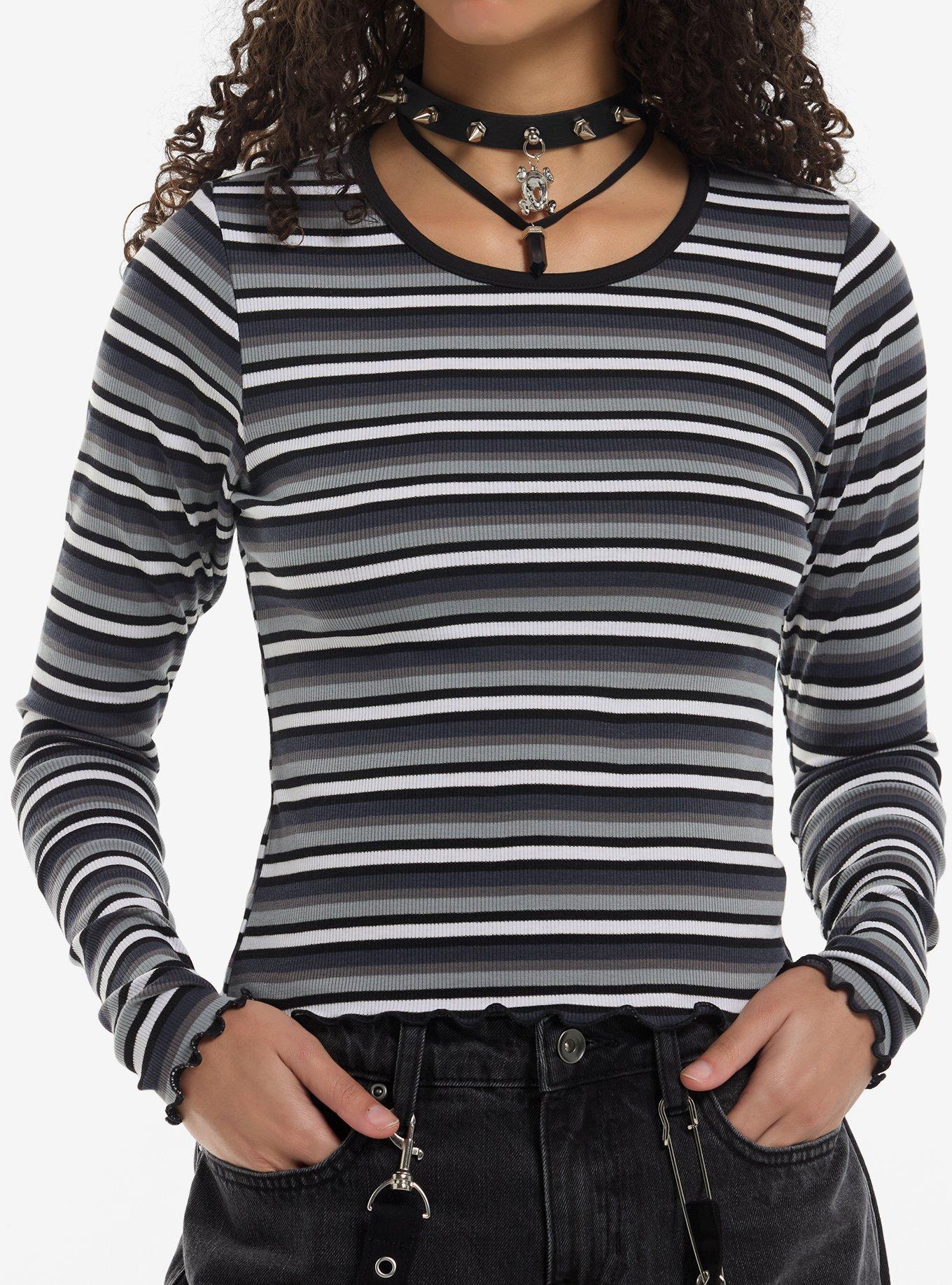 Black Grey & White Stripe Girls Long-Sleeve Top, , hi-res
