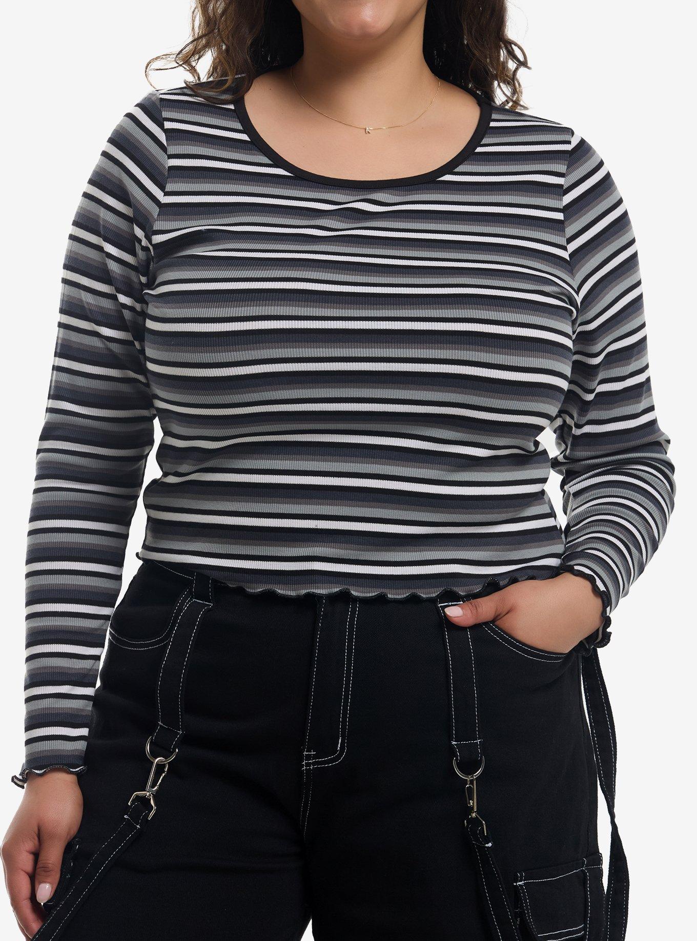 Black Grey & White Stripe Girls Long-Sleeve Top Plus Size, , hi-res
