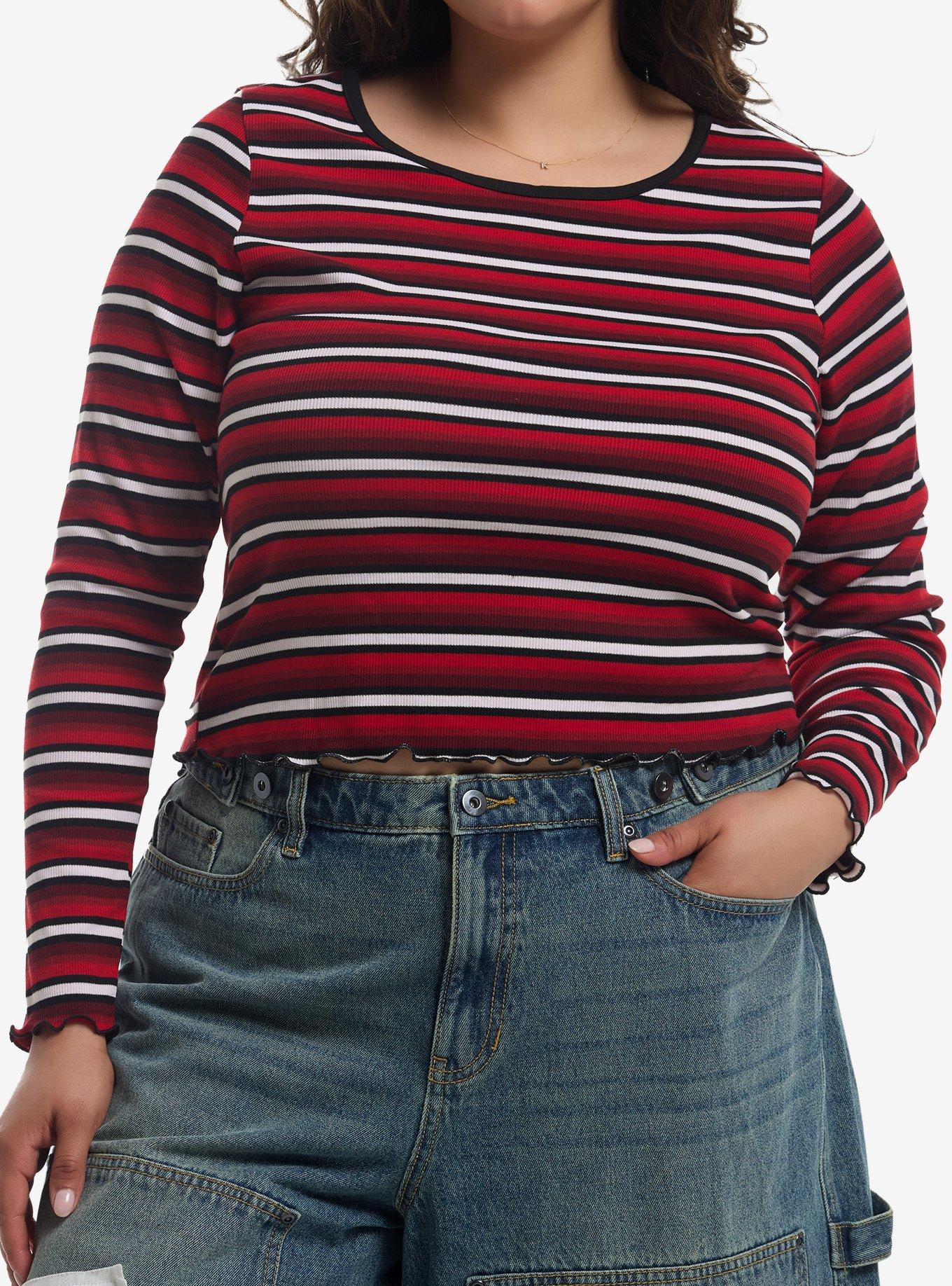 Black Grey & White Stripe Girls Long-Sleeve Top Plus Size, , hi-res