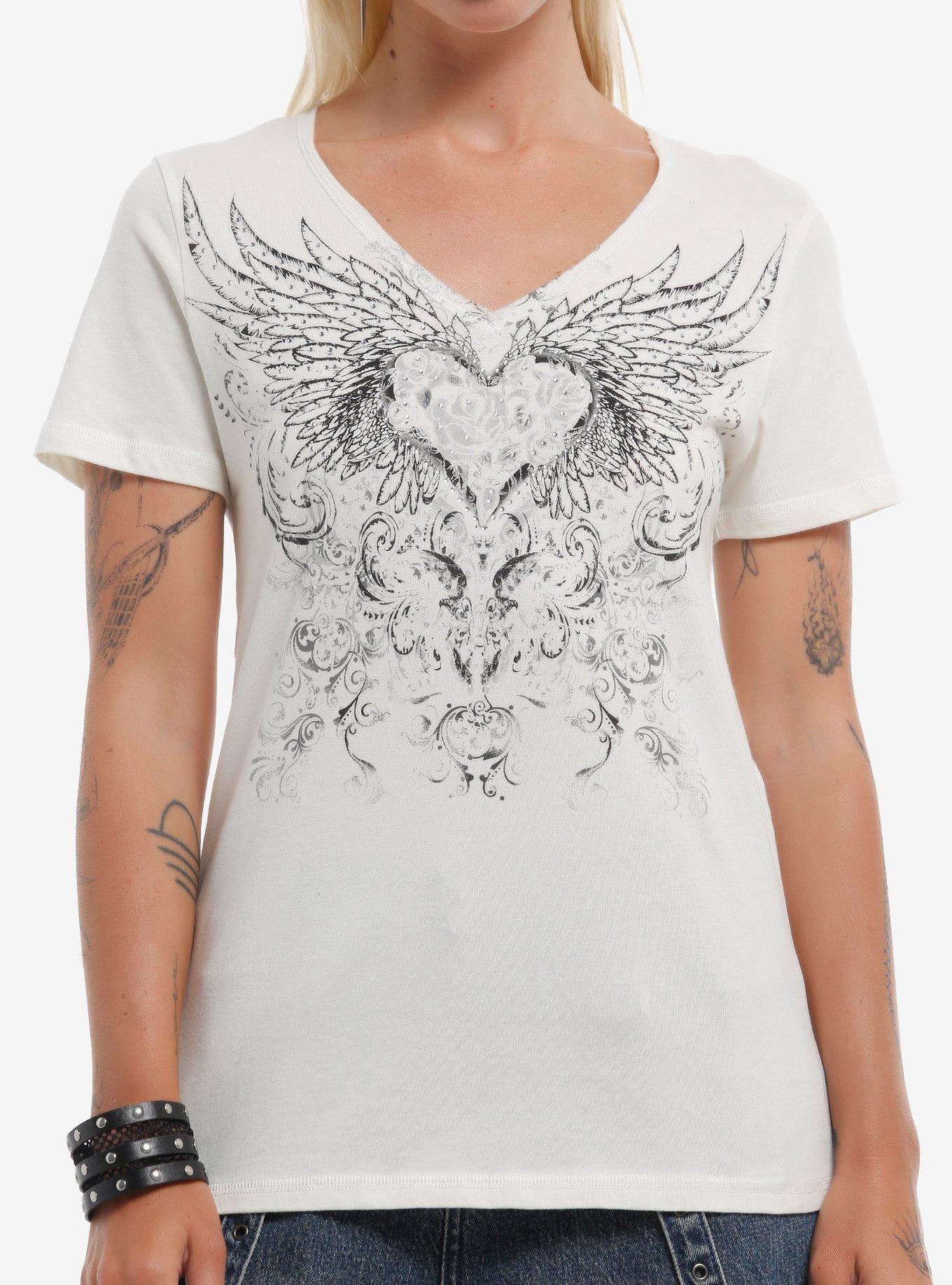 HOTTOPIC Winged Heart Rhinestone Girls V-Neck T-Shirt