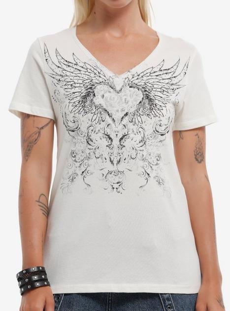Winged Heart Rhinestone Girls V-Neck T-Shirt | Hot Topic