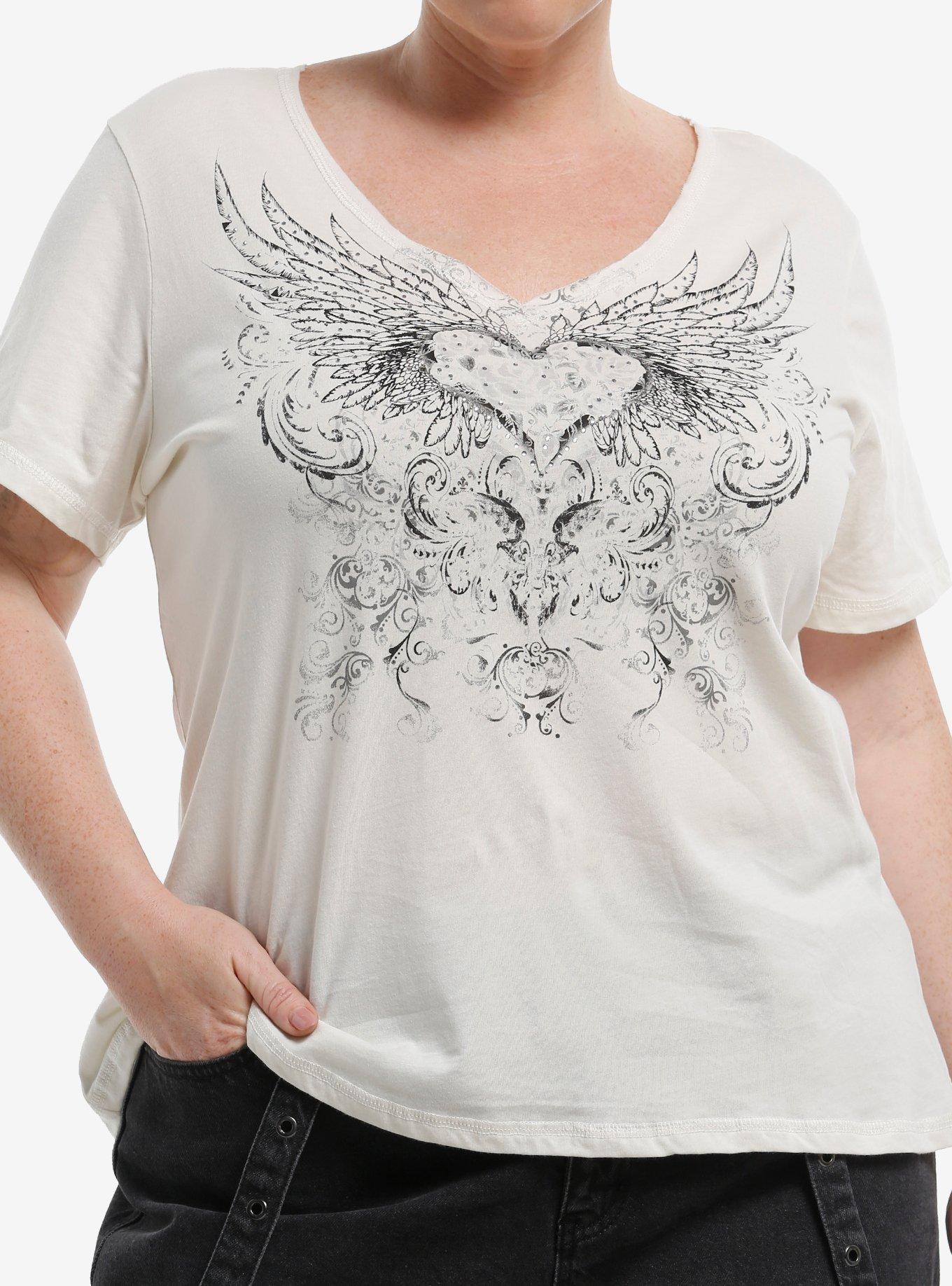 Winged Heart Rhinestone Girls V-Neck T-Shirt Plus Size, , hi-res