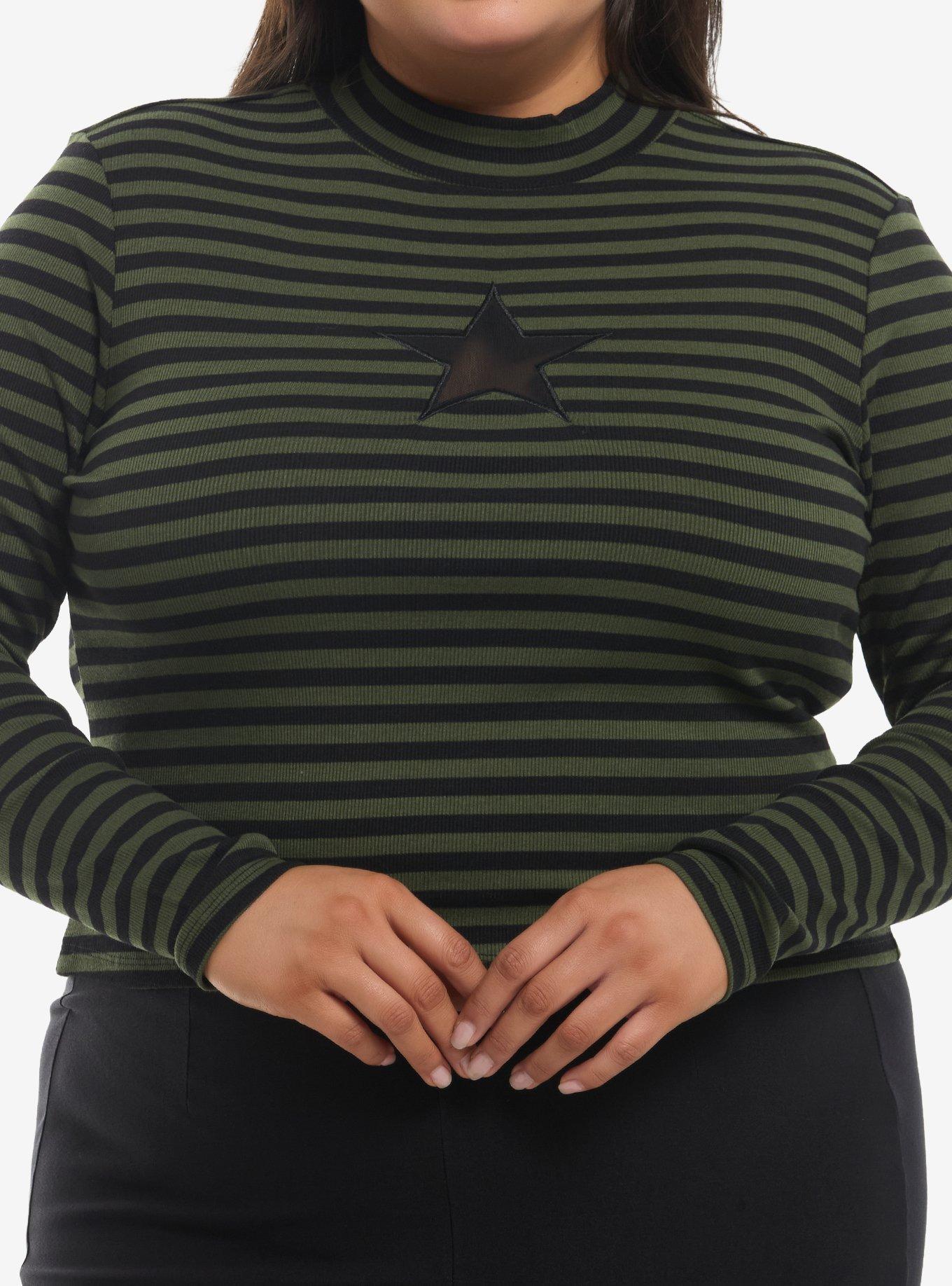 Black & Green Stripe Star Girls Long-Sleeve Top Plus Size, , hi-res
