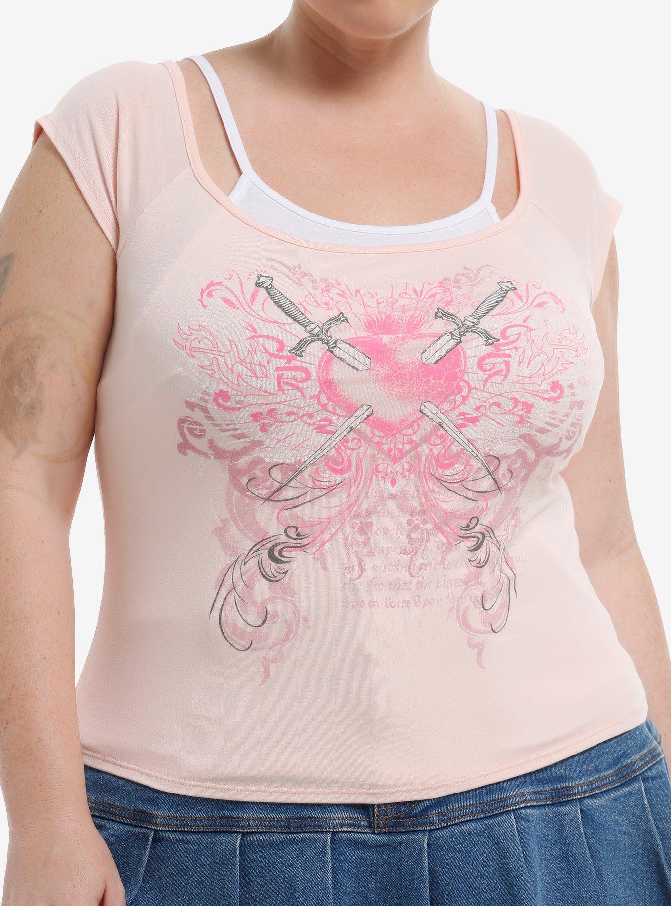 Sweet Society Pink Dagger Heart Girls Twofer Cold Shoulder Top Plus Size, , hi-res