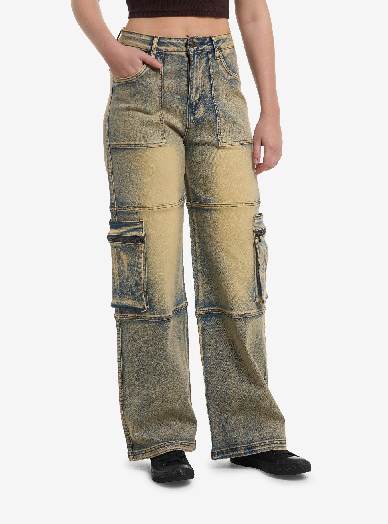 Vintage Light Wash Girls Wide Leg Cargo Jeans, , hi-res