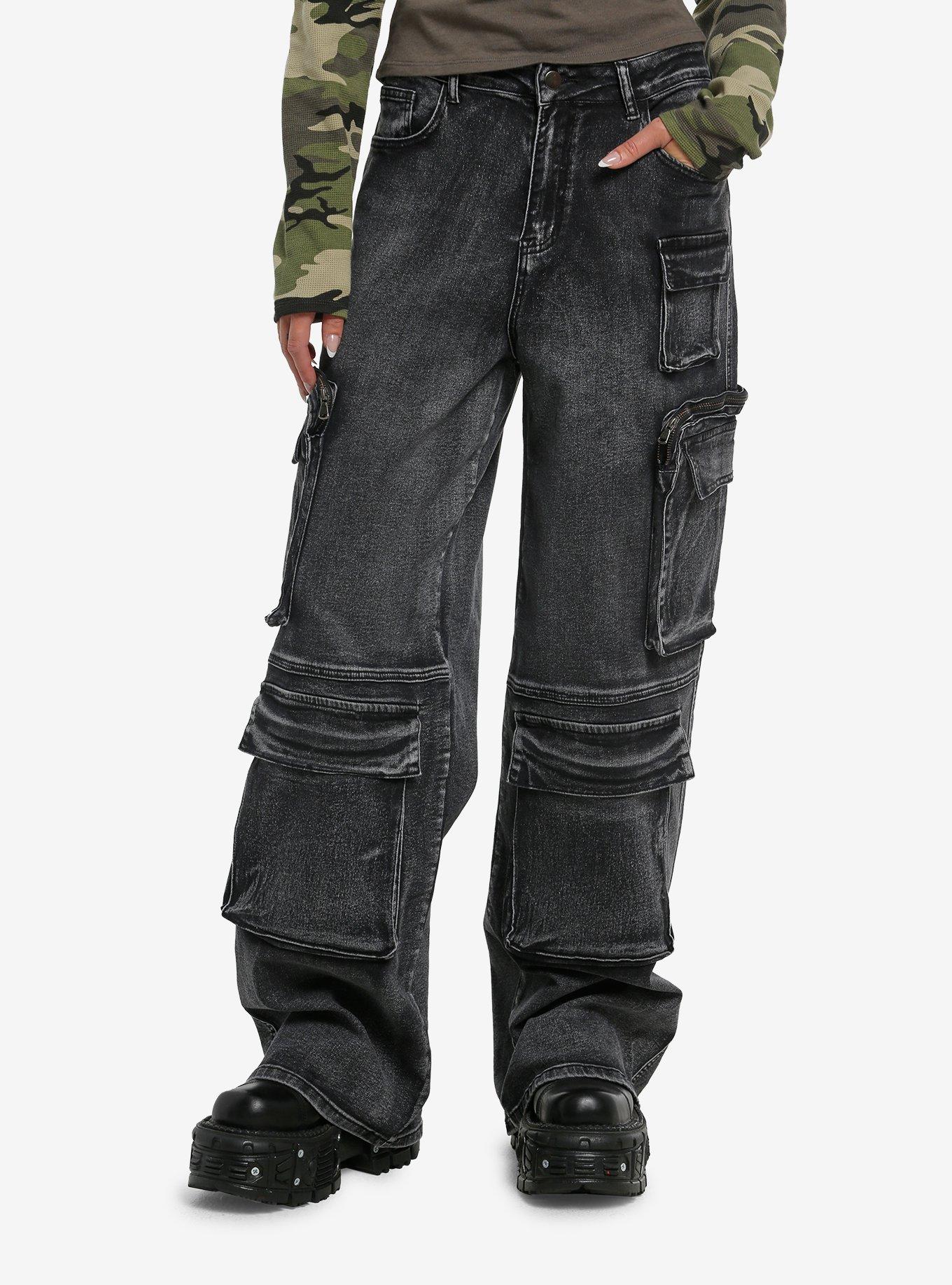 Black Wash Multi-Pocket Girls Cargo Jeans, , hi-res