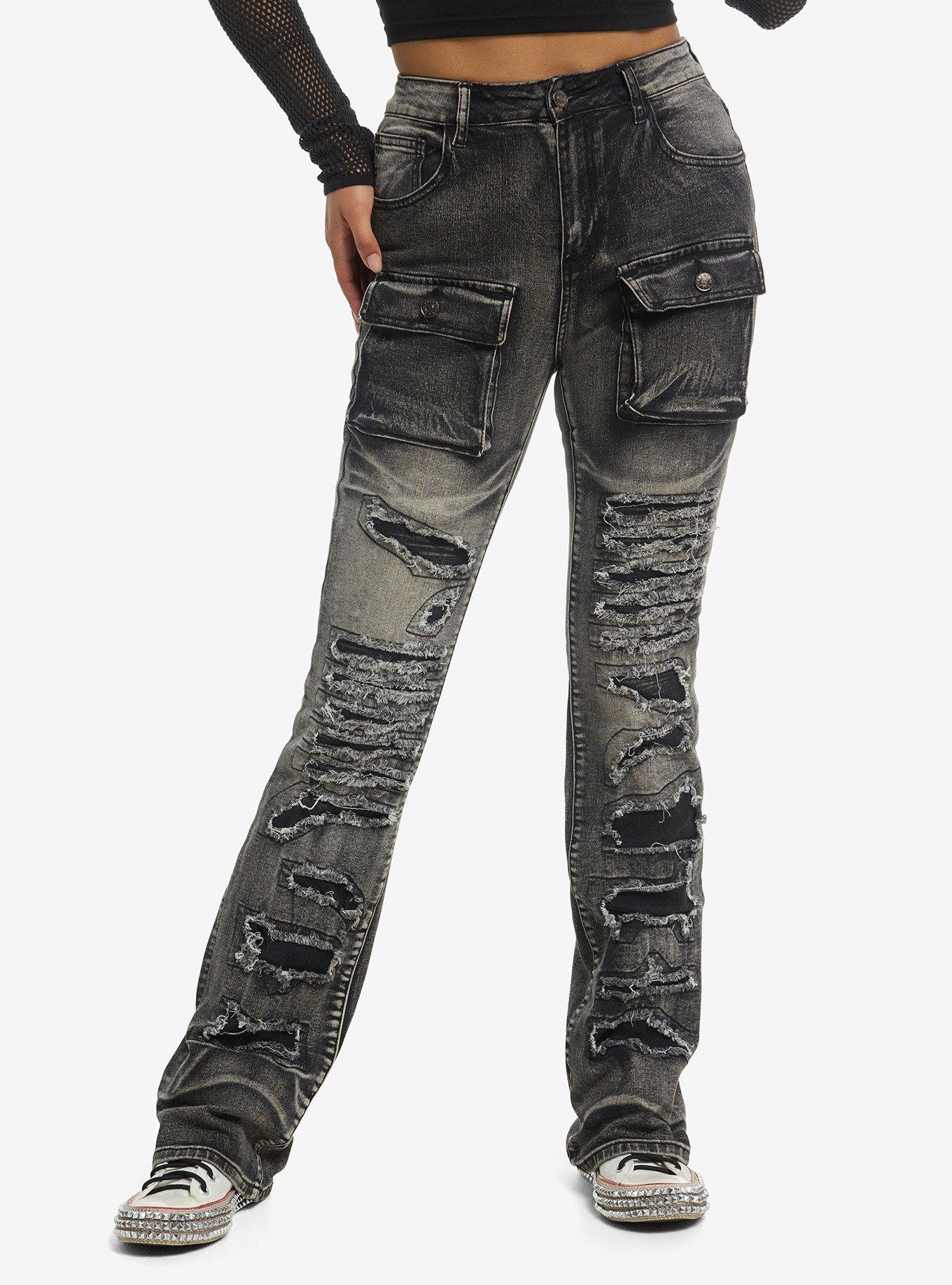 Black Faded Distressed Front Pocket Straight Leg Jeans, , hi-res
