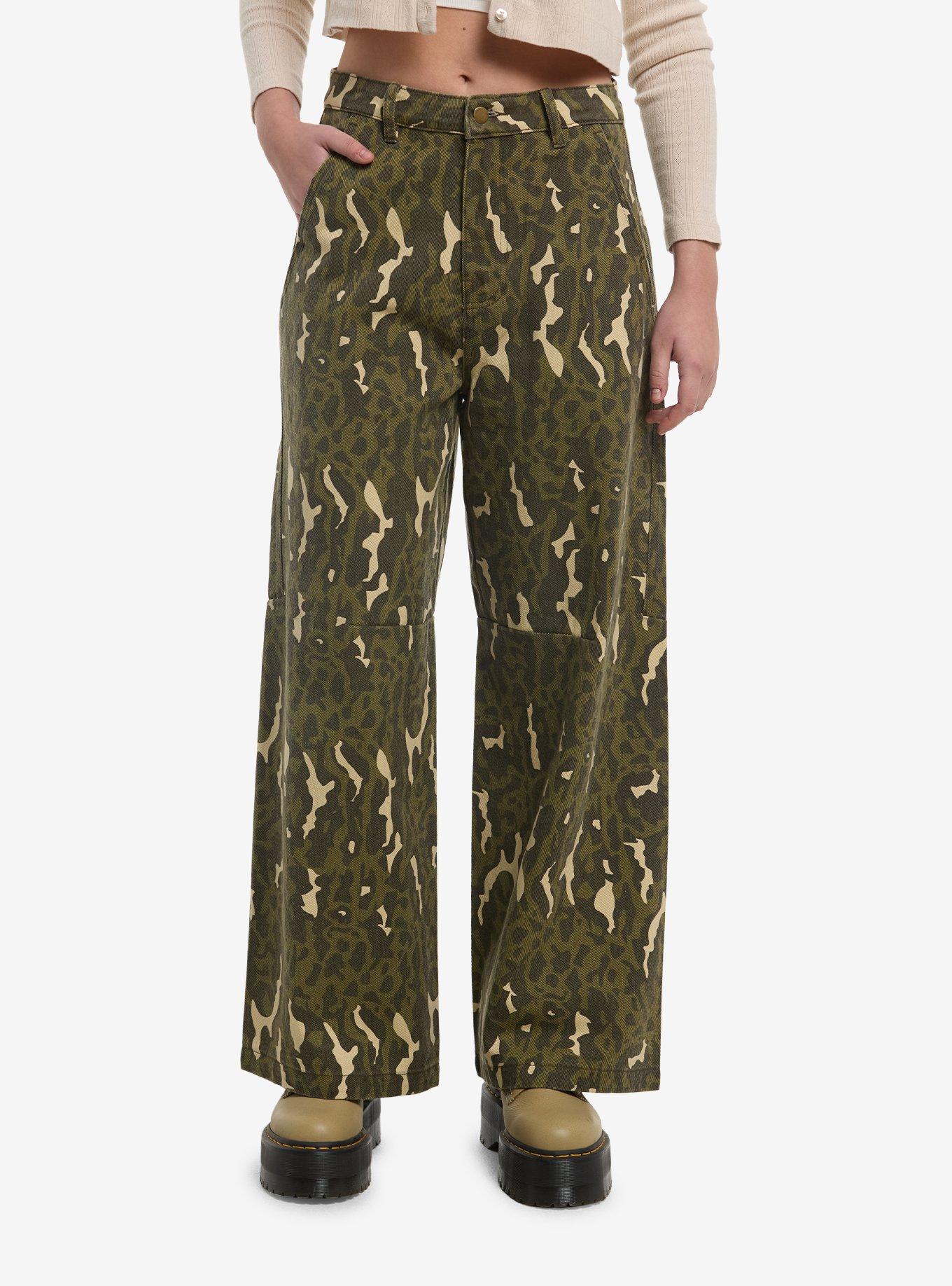 Green Leopard Camo Girls Wide Leg Jeans, , hi-res