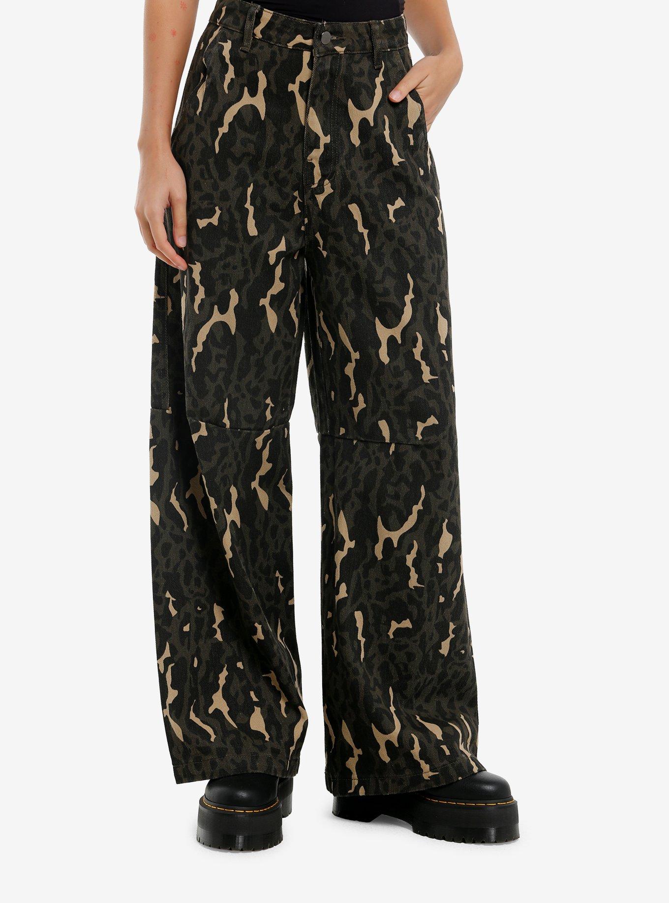 Green Leopard Camo Girls Wide Leg Jeans, , hi-res