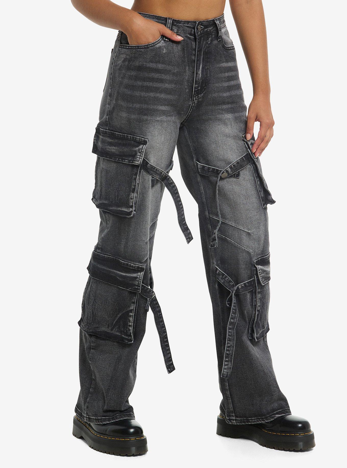 Black Faded Strappy Wide Leg Denim Cargo Pants, , hi-res