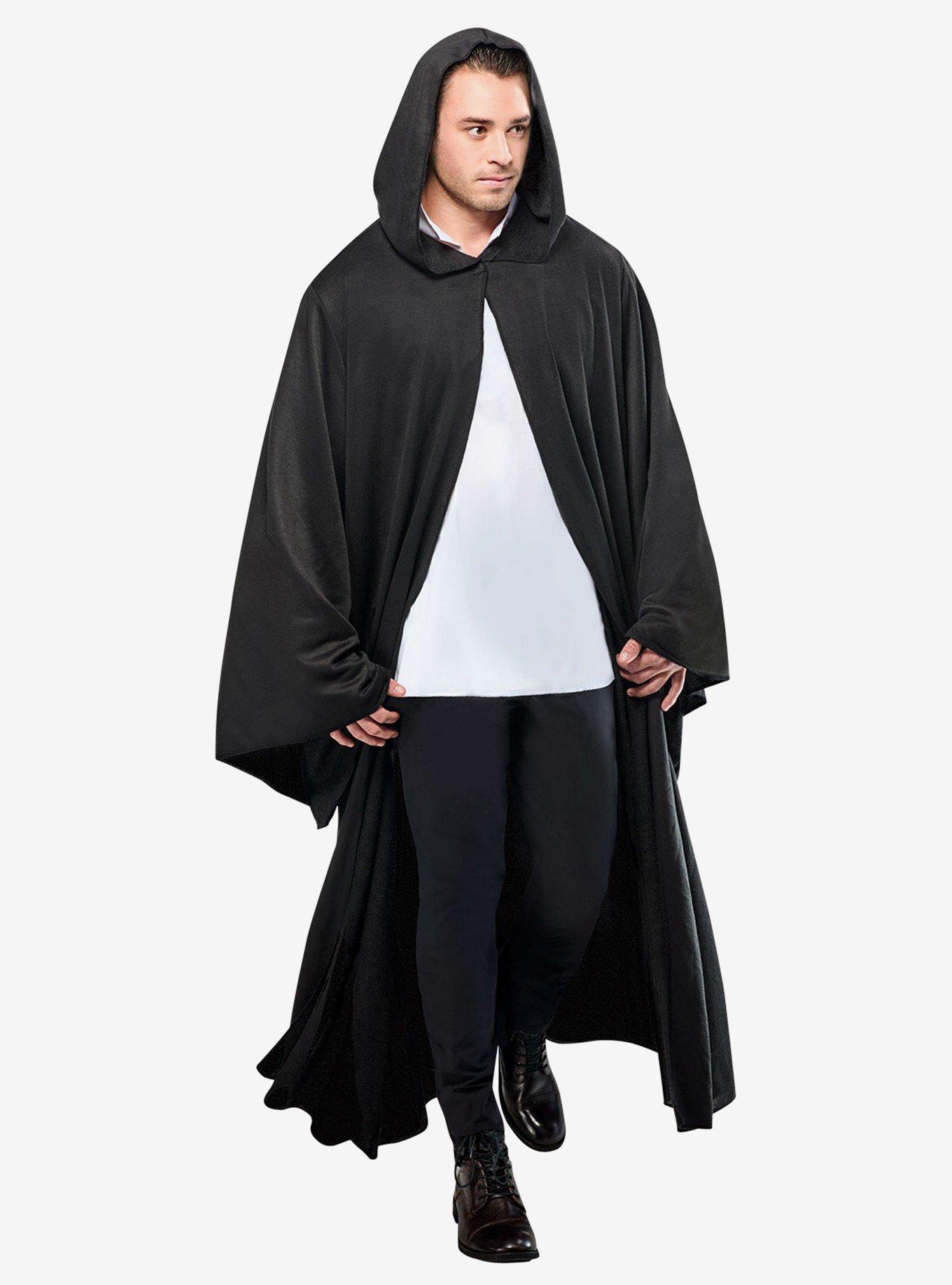 Black Full Length Hooded Renaissance Cloak, , hi-res