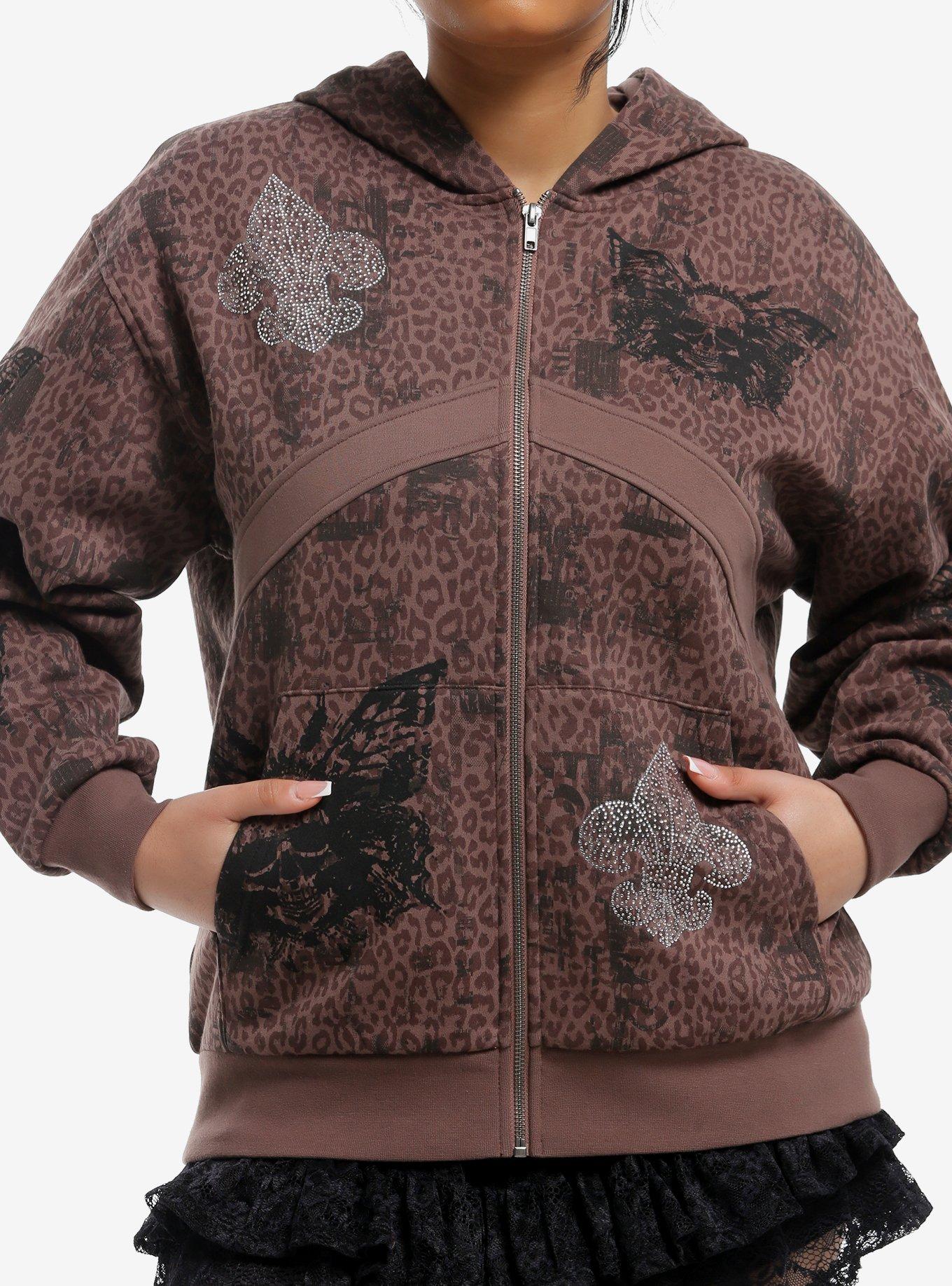 Brown Leopard Butterfly Skull Girls Hoodie, , hi-res