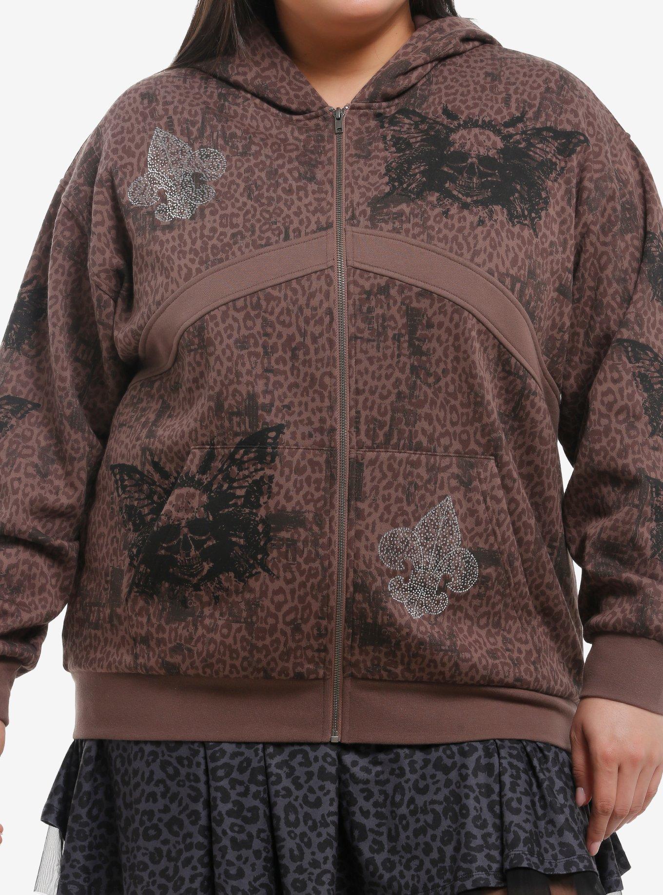Brown Leopard Butterfly Skull Girls Hoodie Plus Size, , hi-res