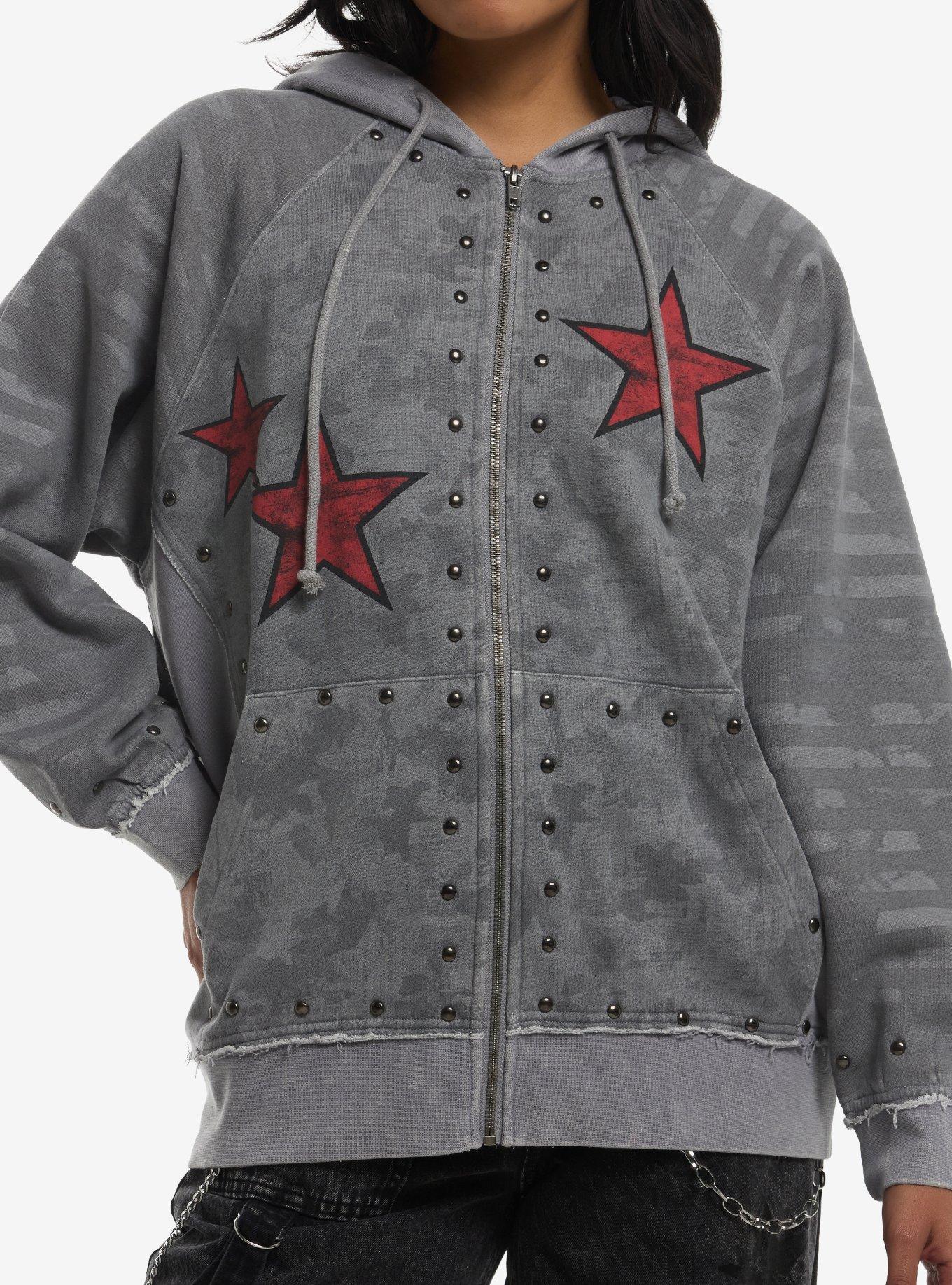HOTTOPIC Grey Wash Red Star Stud Girls Hoodie