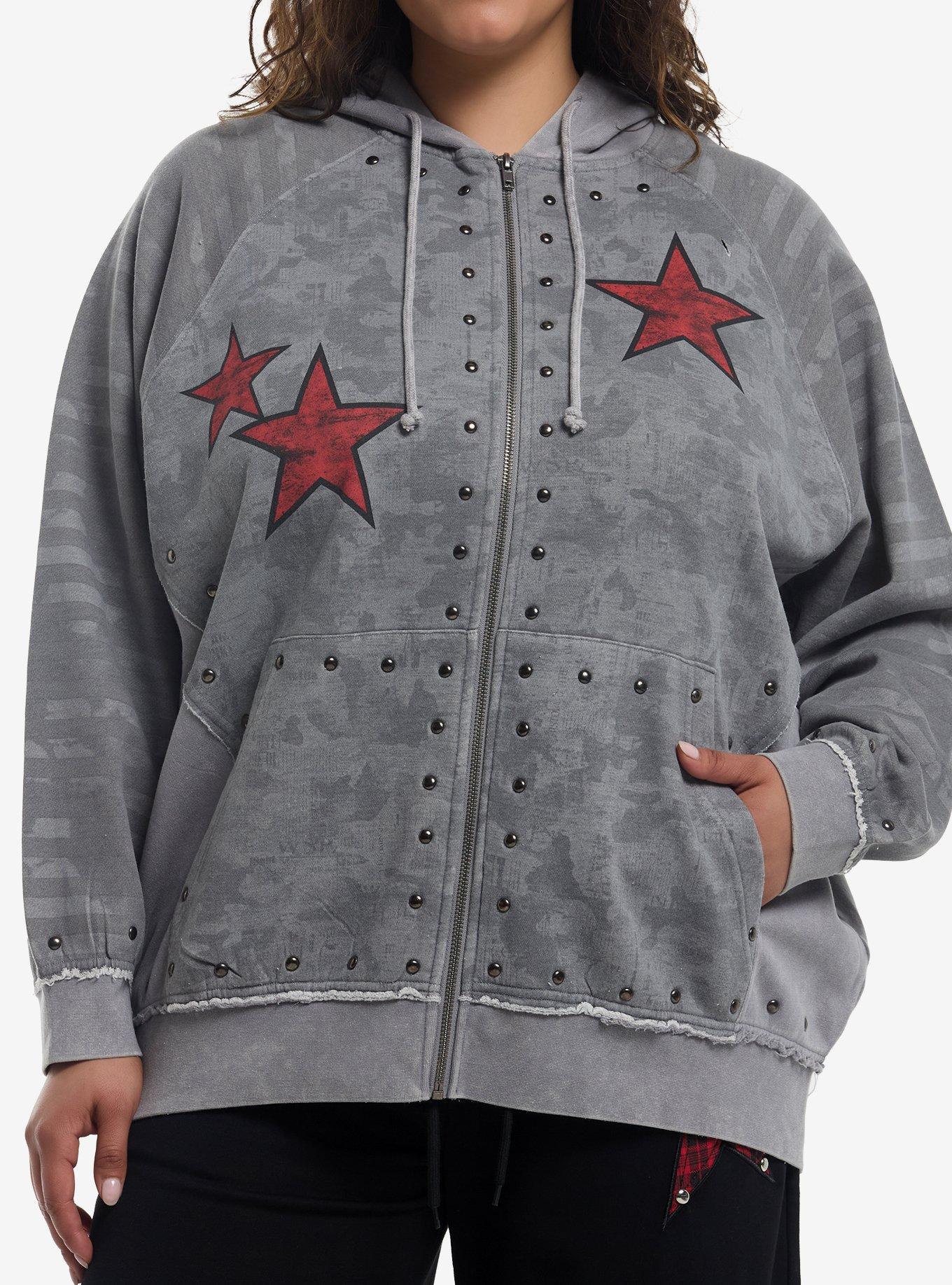 Grey Wash Red Star Stud Girls Hoodie Plus Size, , hi-res