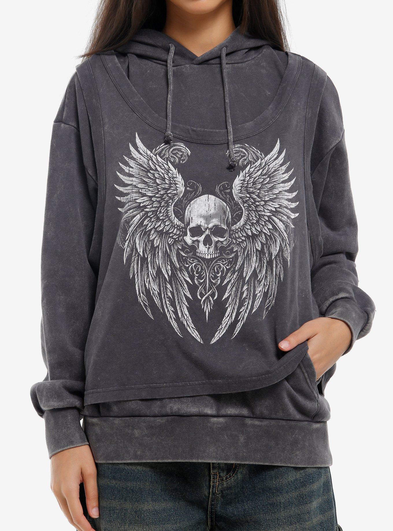 Winged Skull Mineral Wash Girls Twofer Hoodie, , hi-res
