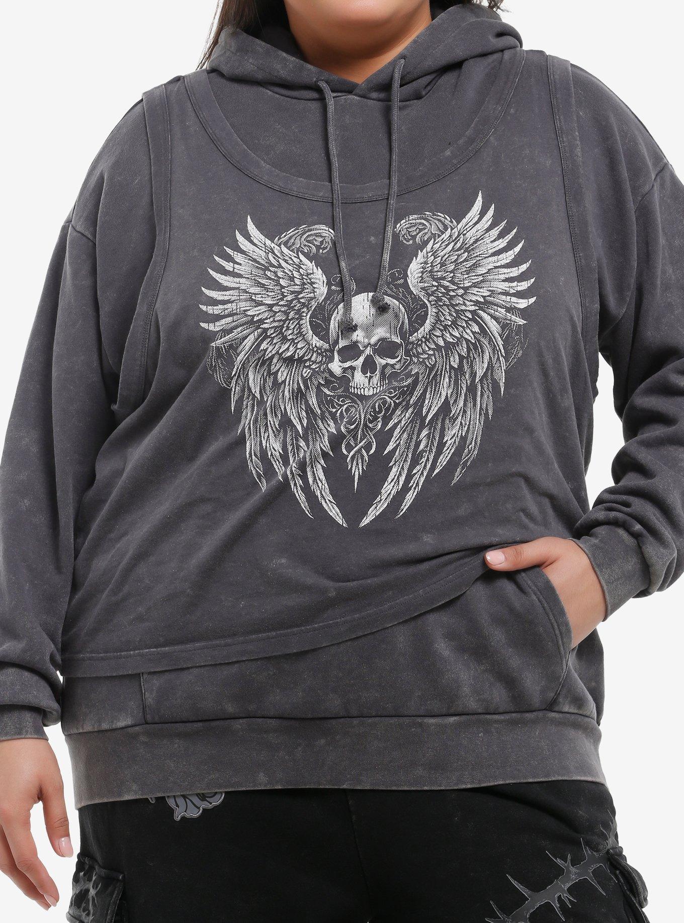 Winged Skull Mineral Wash Girls Twofer Hoodie Plus Size, , hi-res