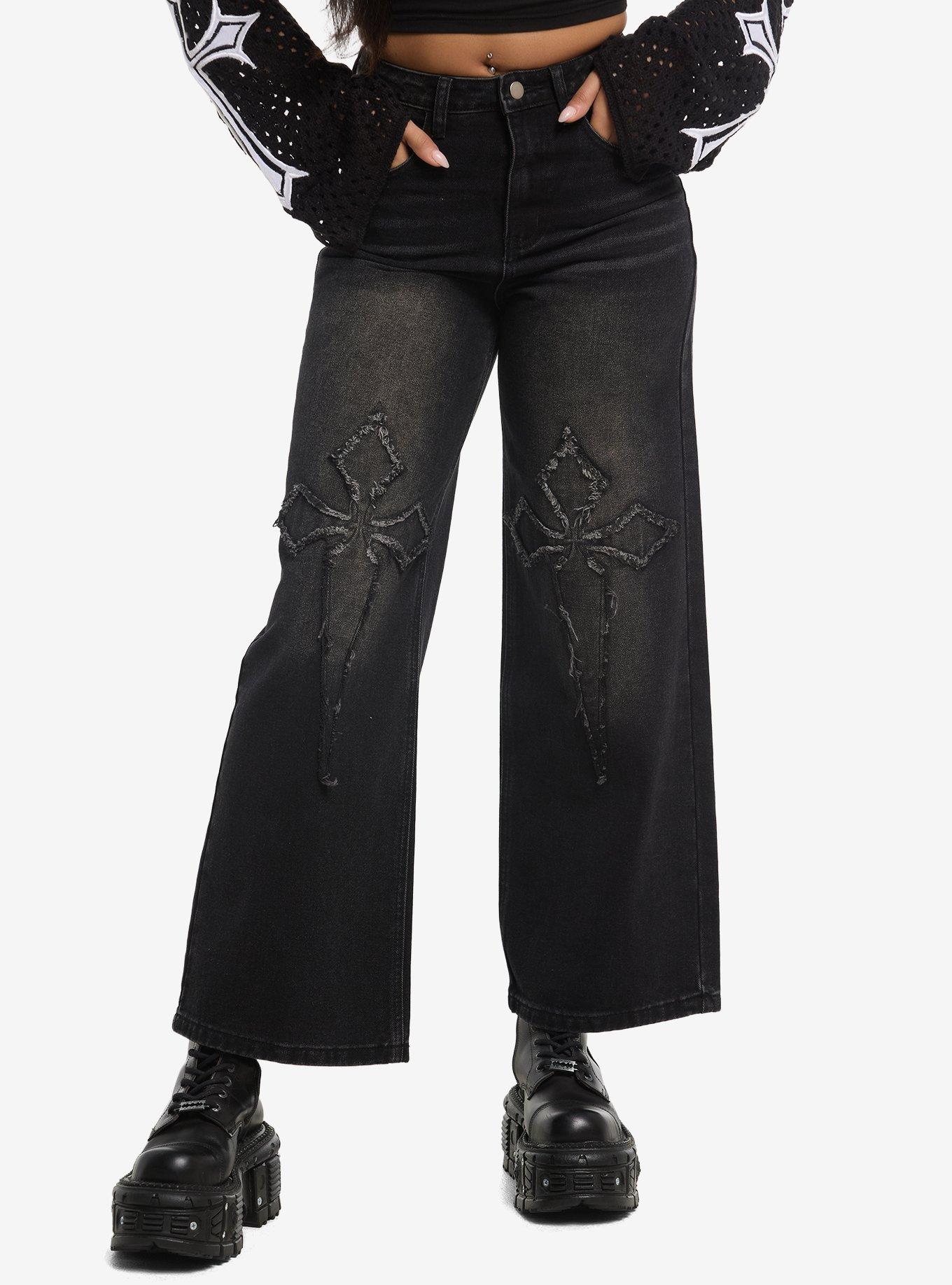 Black Frayed Cross Wide Leg Jeans, , hi-res