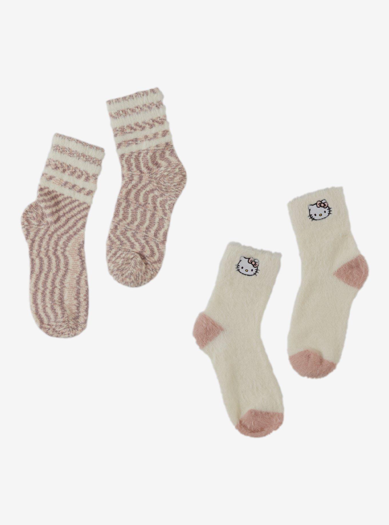 Hello Kitty Beige Stripe Fuzzy Socks 2 Pair, , hi-res