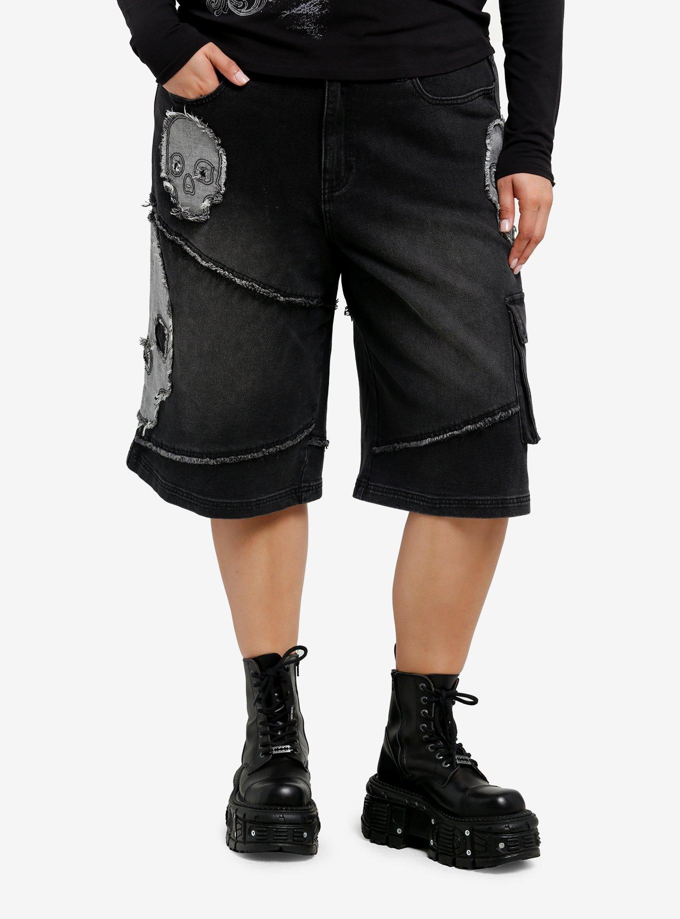 Frayed Skull Patch Cargo Jorts Plus Size, , hi-res