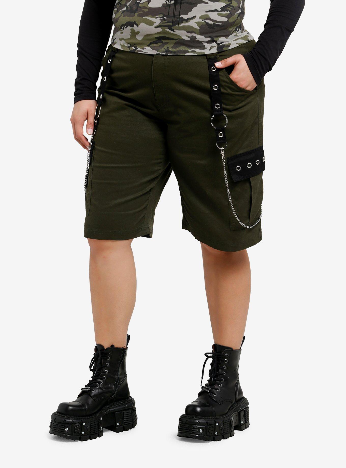 Social Collision Olive Green Grommet Chain Suspender Cargo Shorts Plus Size, , hi-res