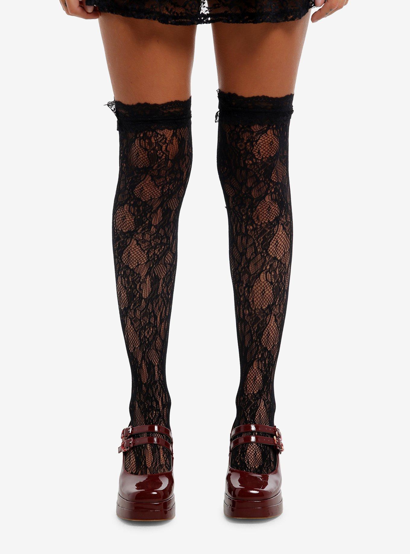 Black Lace Ruffle Knee-High Socks, , hi-res