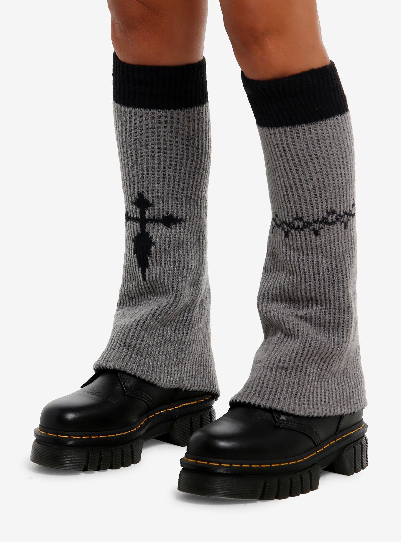 Black & Grey Cross Flare Leg Warmers, , hi-res