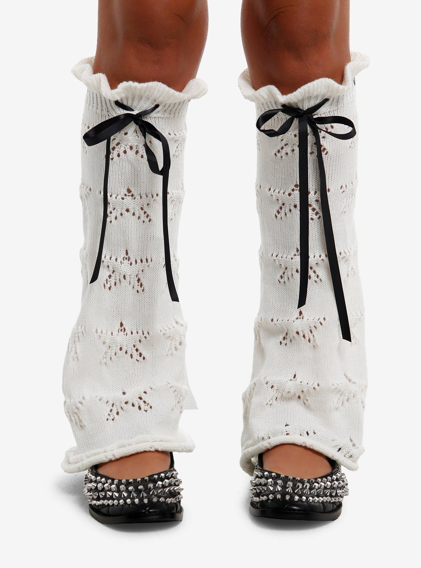Cream Pointelle Bow Flare Leg Warmers, , hi-res