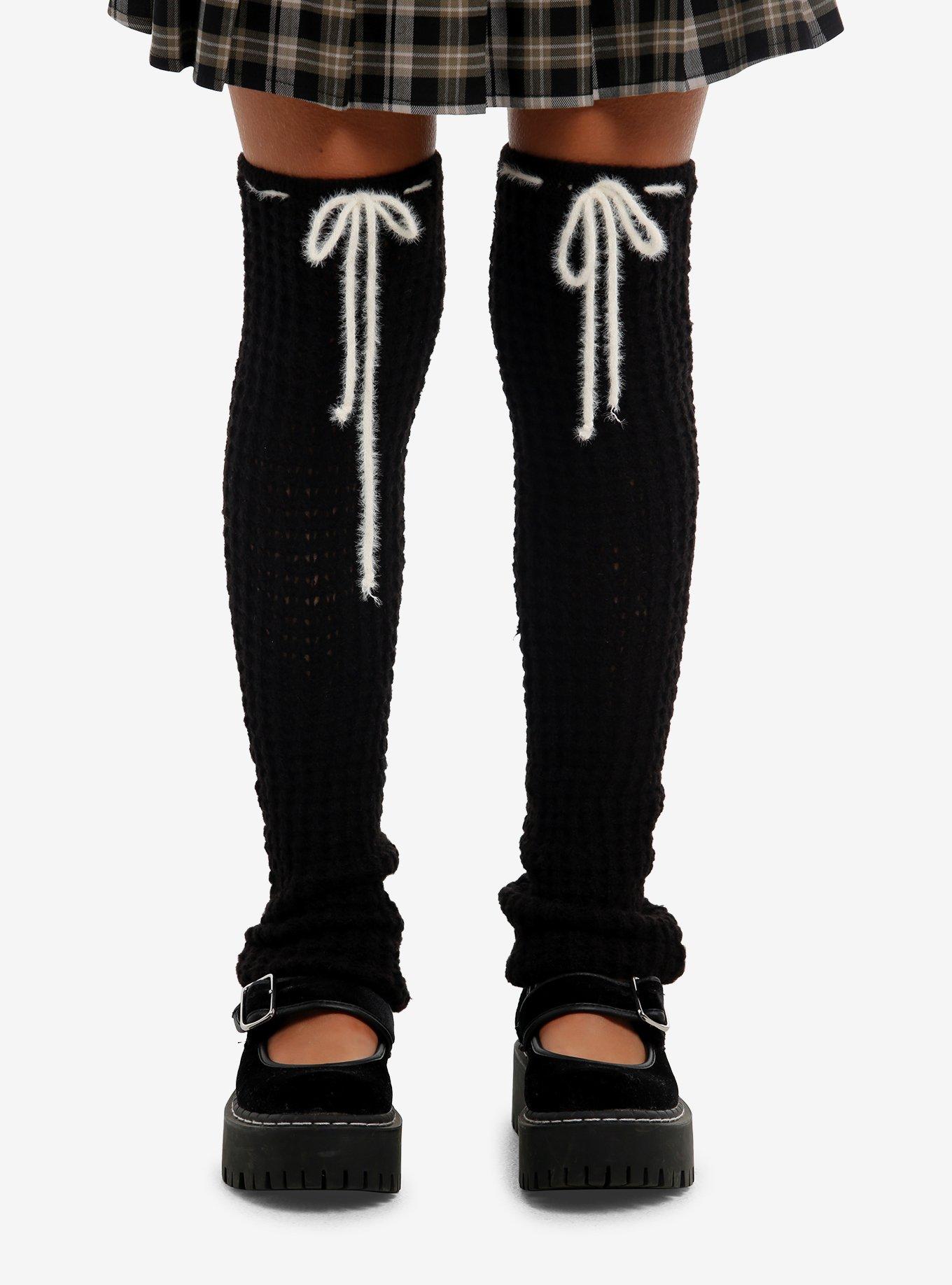Black & White Bow Extra Long Leg Warmers, , hi-res