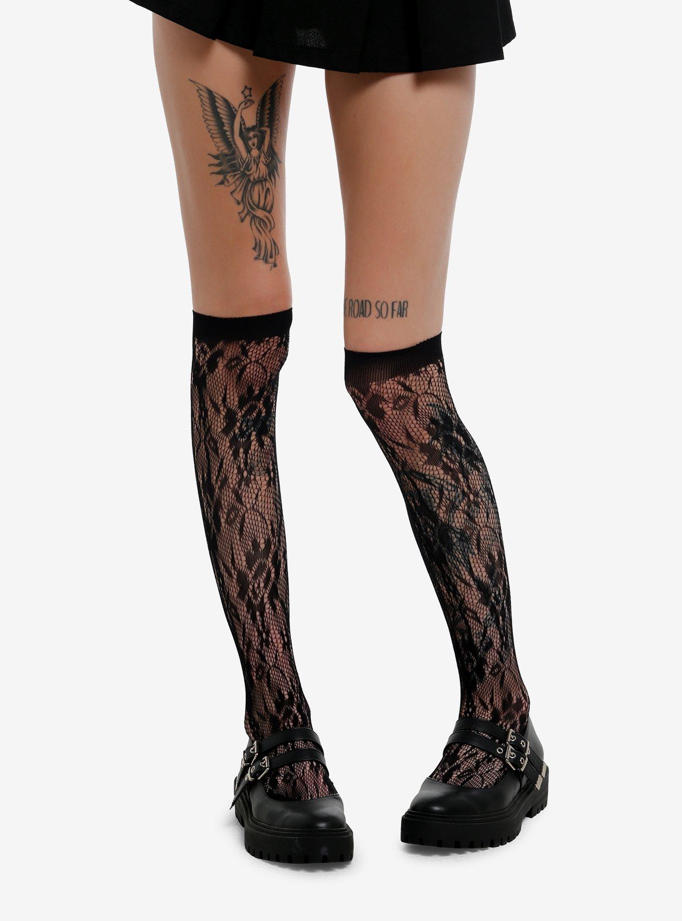 Black Floral Lace Knee-High Socks, , hi-res