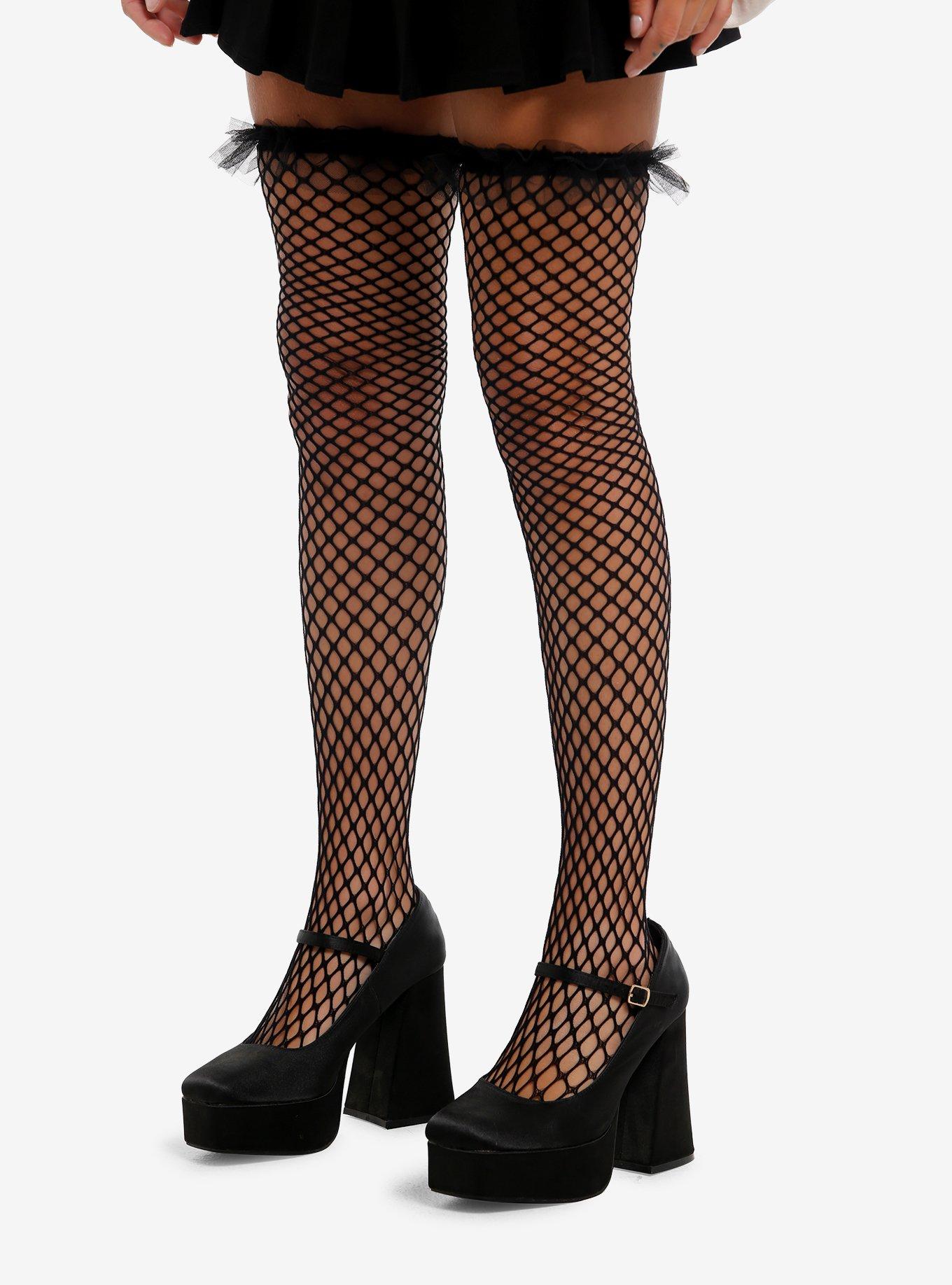 Black Ruffle Fishnet Thigh Highs, , hi-res