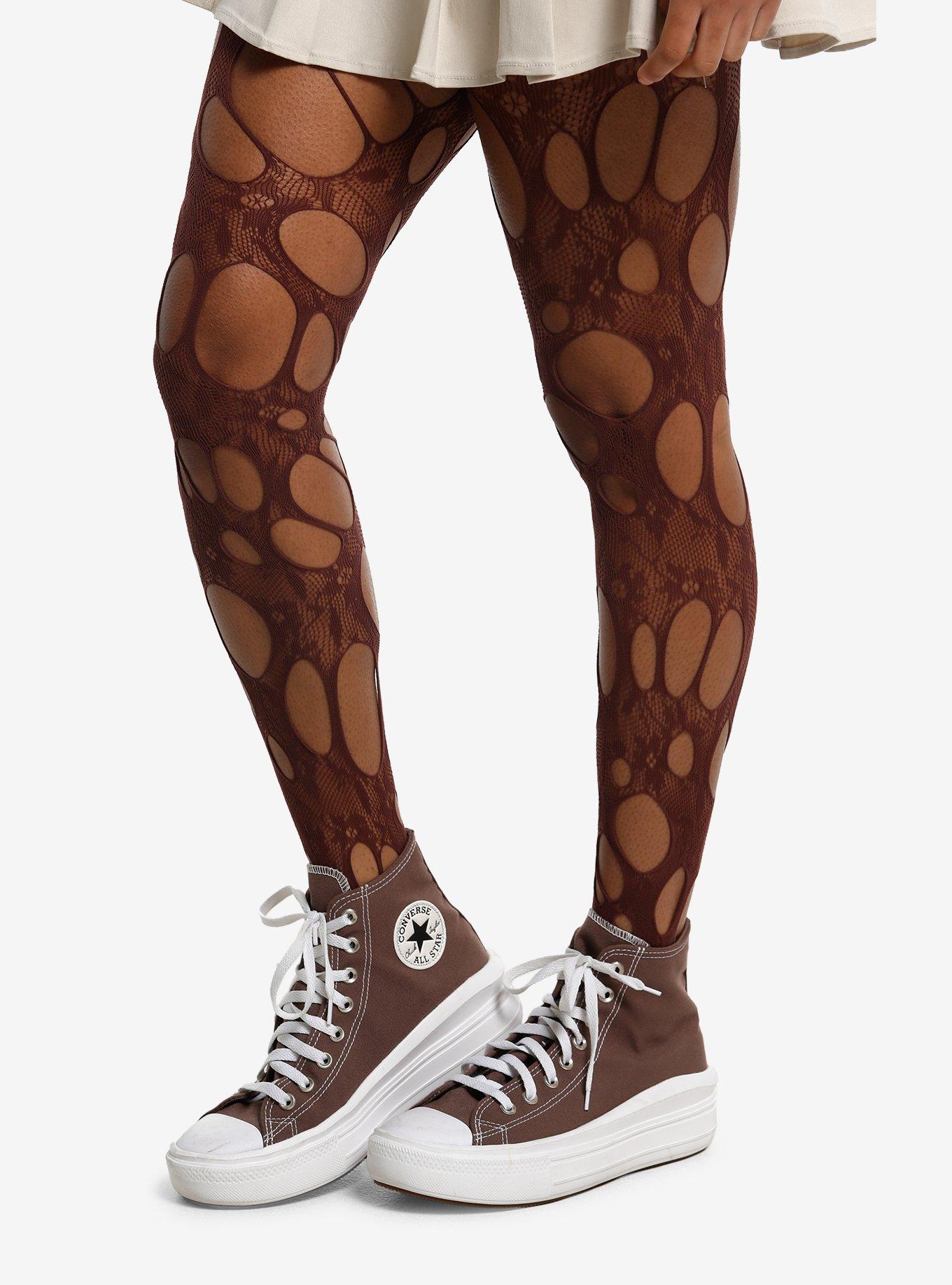 Brown Destructed Lace Tights, , hi-res