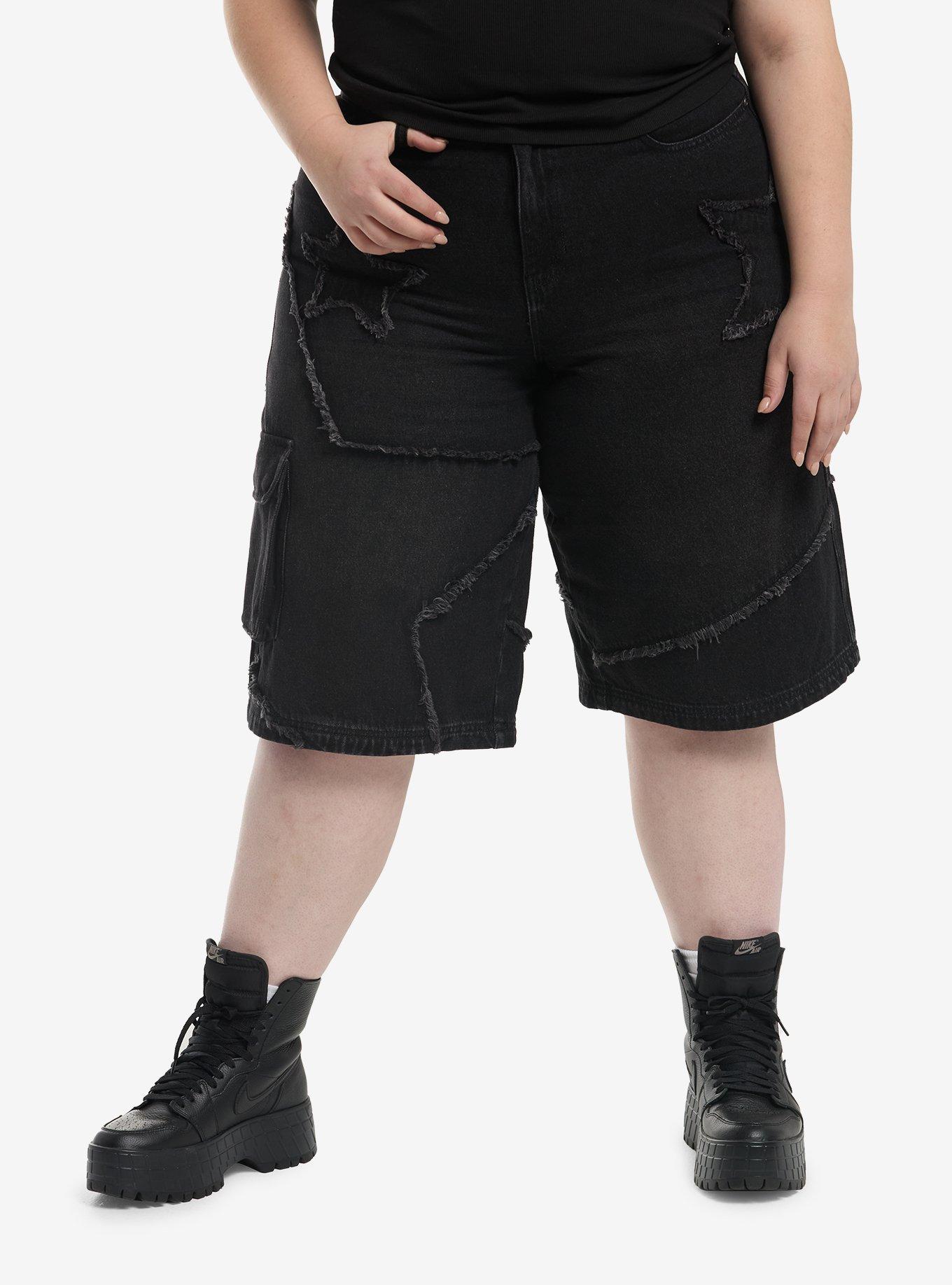 Social Collision Black Star Patch Jorts Plus Size, , hi-res