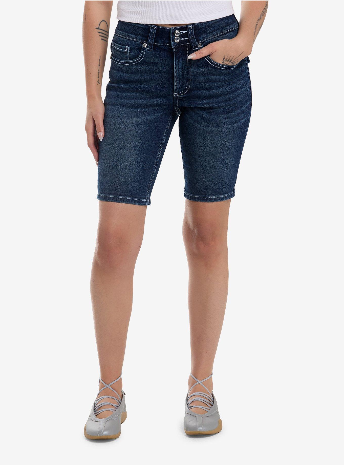 Social Collision Crosses & Rhinestones Indigo Shorts, , hi-res