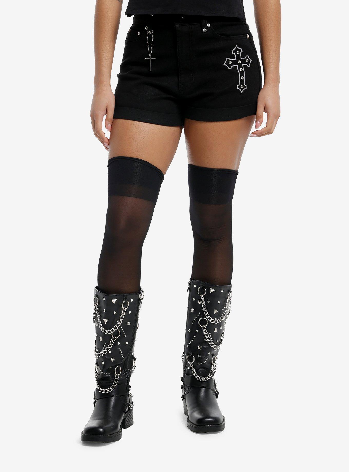 Black Gothic Cross Mom Shorts, , hi-res