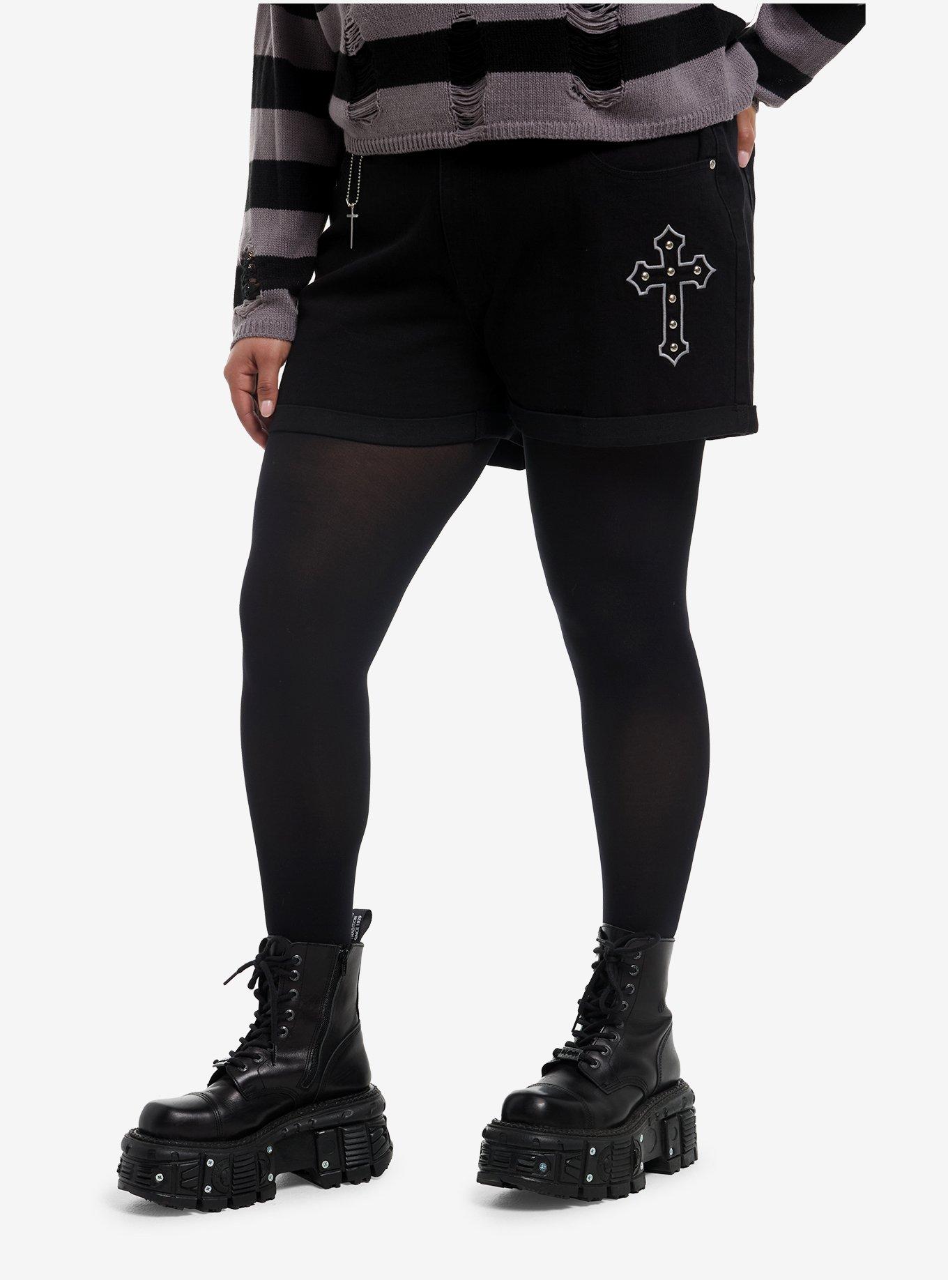 Black Gothic Cross Mom Shorts Plus Size, , hi-res