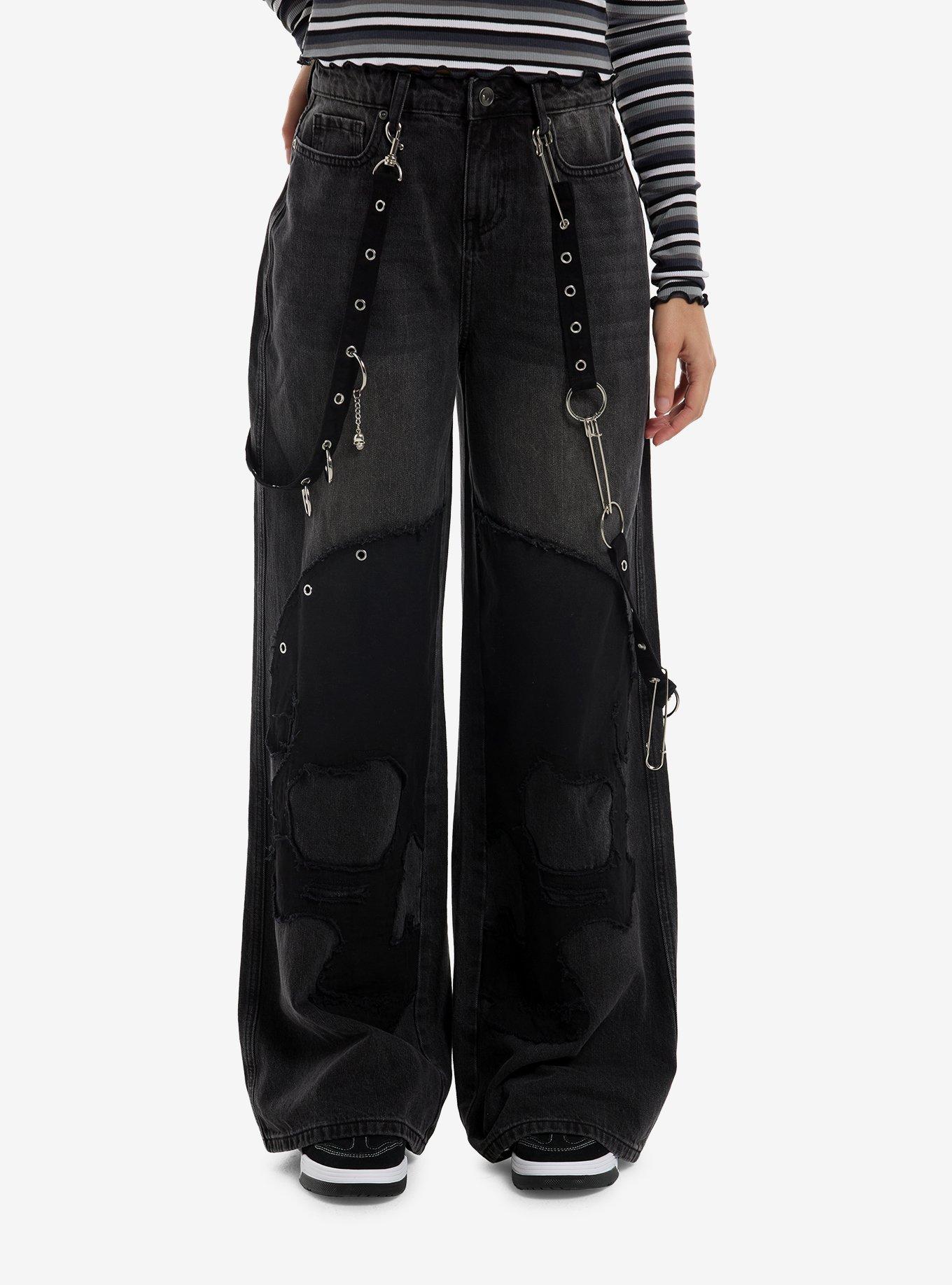 Social Collision Skull Patch Suspender Girls Wide Leg Jeans, , hi-res