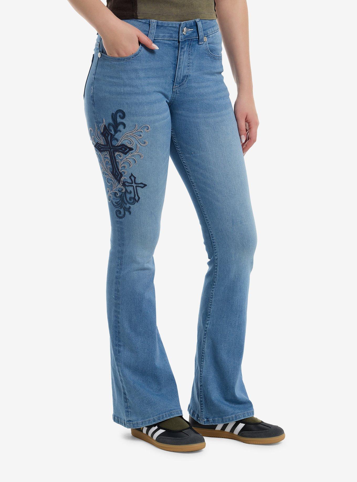 Light Wash Cross Skull Patch Flare Jeans, , hi-res