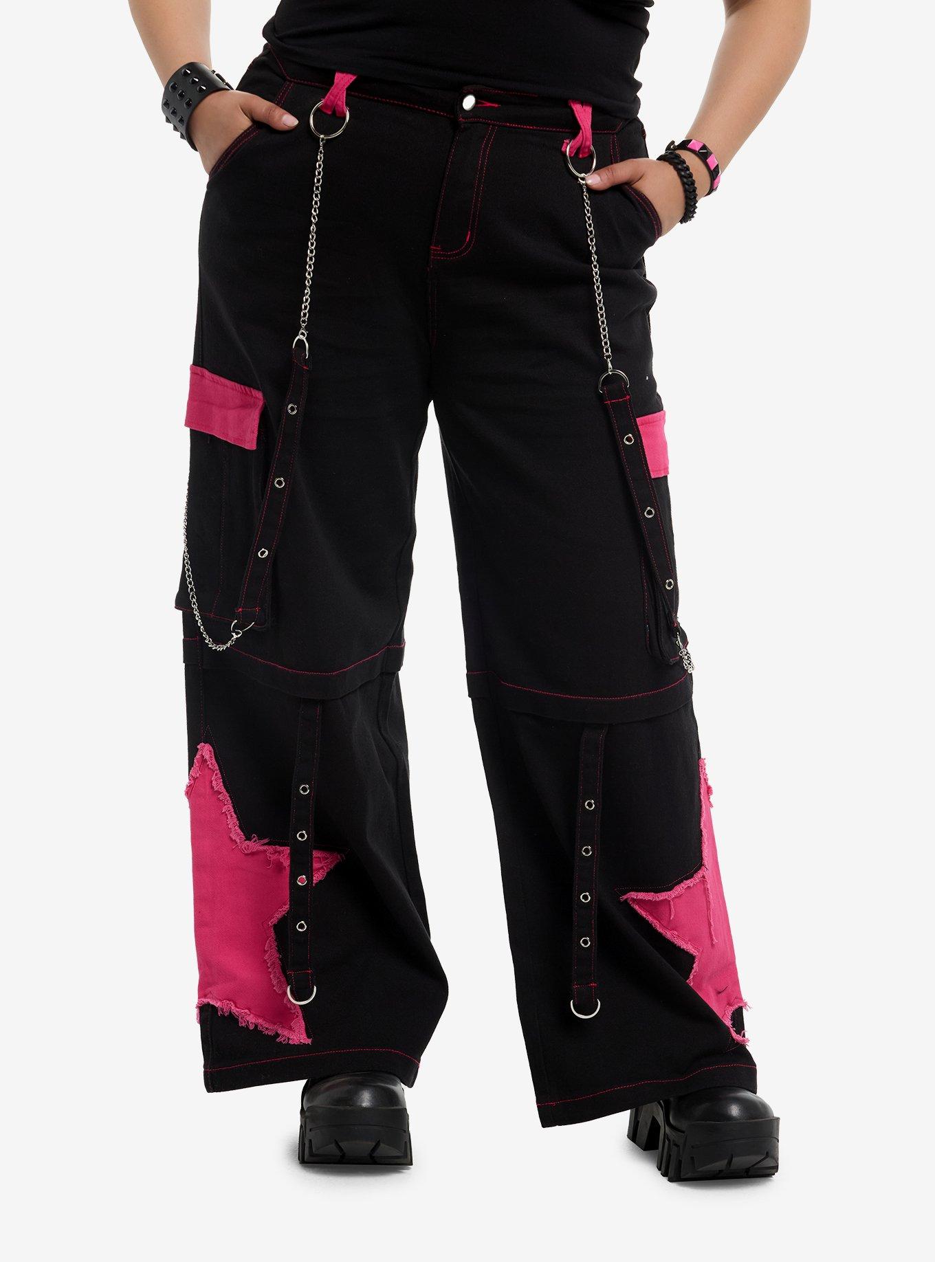 Neon Pink Star Chain Suspenders Cargo Pants Plus Size, , hi-res