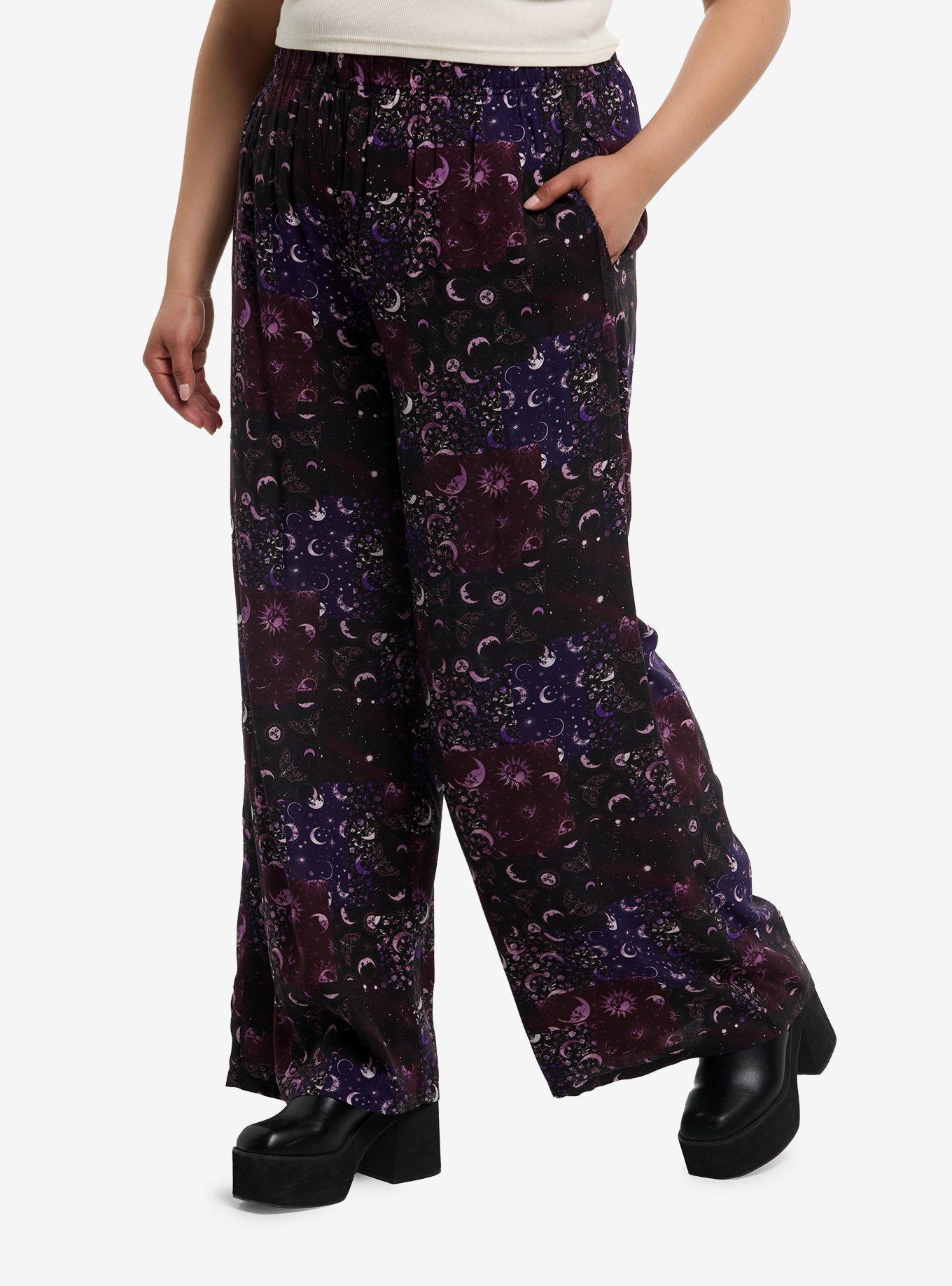 Cosmic Aura Purple Celestial Patchwork Wide Leg Pants Plus Size, , hi-res