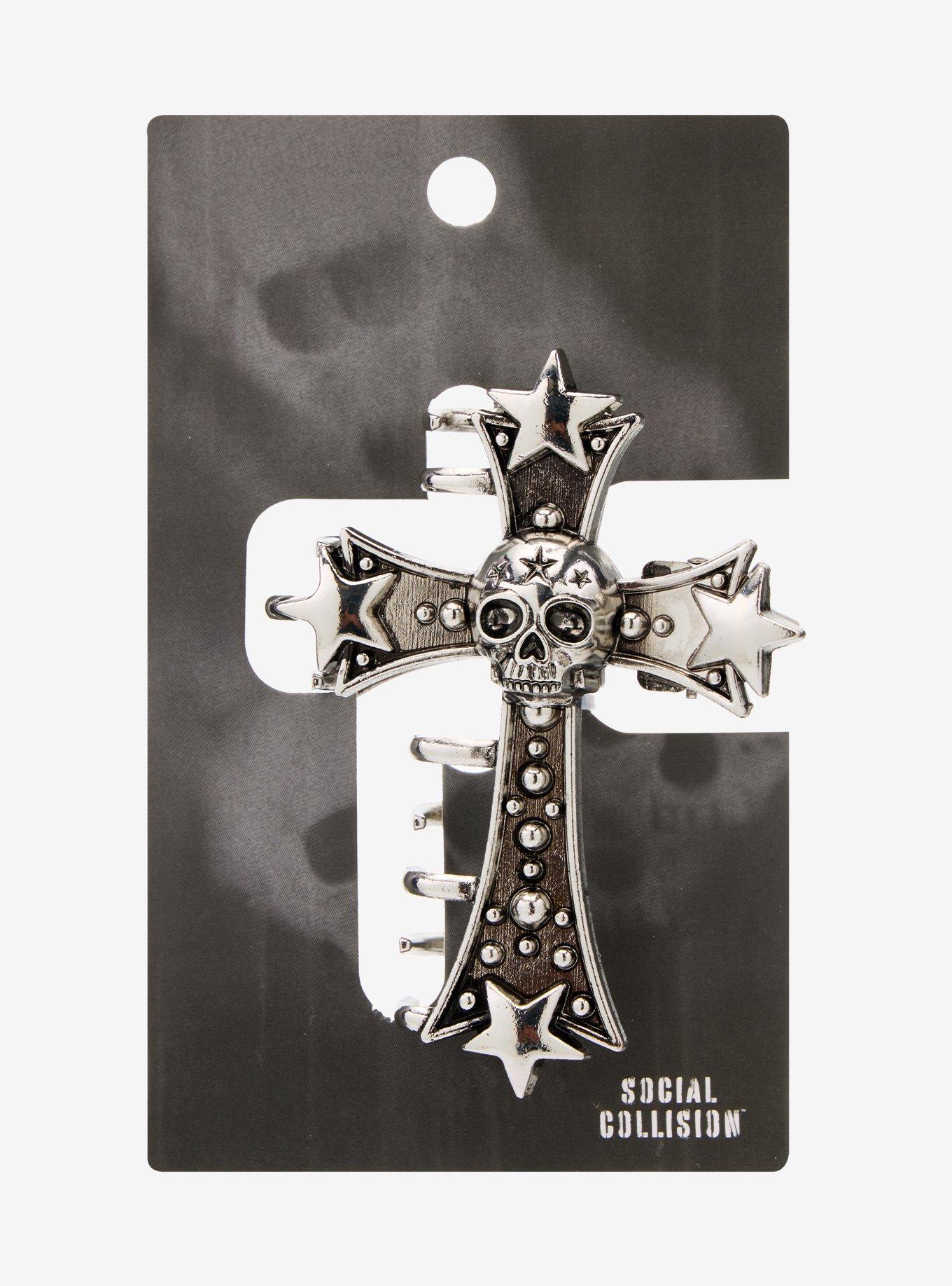 Social Collision Skull & Gothic Cross Claw Hair Clip, , hi-res