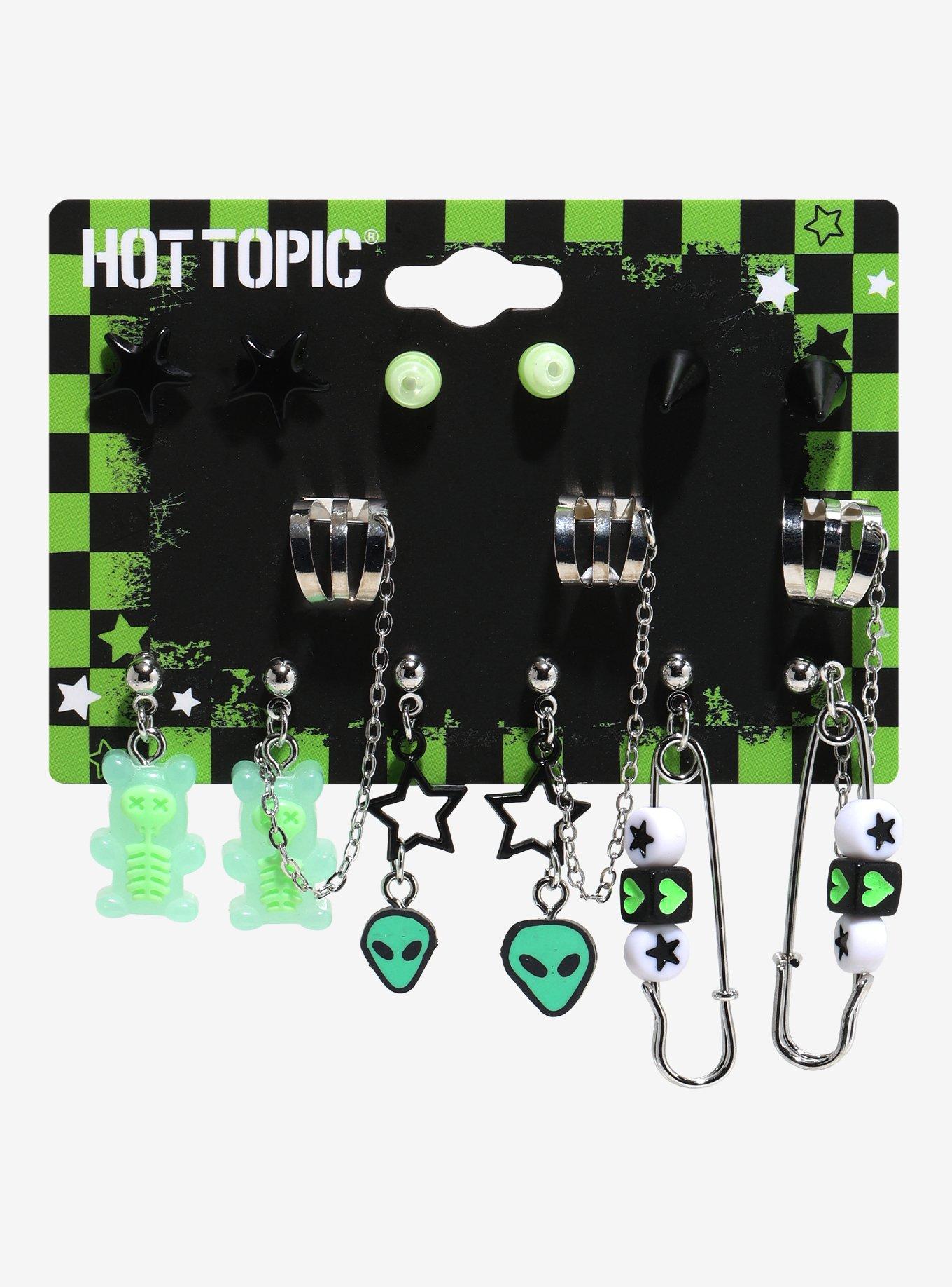 Neon Green Skeleton Bear Alien Earring Set, , hi-res